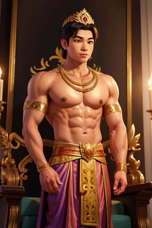 (a thai prince,standing on a throne,wearing a crown,muscular pectorals and biceps,oil painting,realistic,highres,portrait,vivid colors,warm tones,soft lighting)