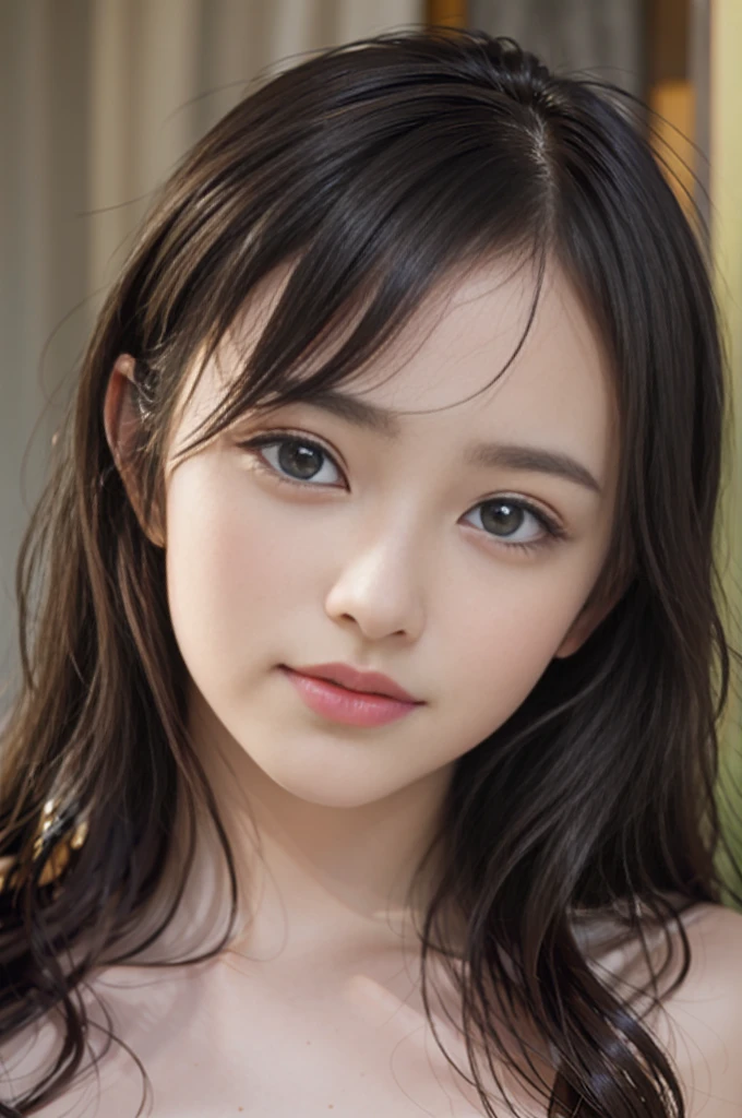 8K, Raw photography, top-quality, ​(masterpiece:1.2), (((realistic, Photorealistic))), is standing, Nogizaka46, (((Nagi Inoue))), (1girl, dark brown long hair, Japanese idol, young face, big brown eyes, (detailed eyes), long eyelashes, tear bag, duck mouth, plump lips, glossy lips, fine skin, 18years old), smile, (((Completely naked))), close up,