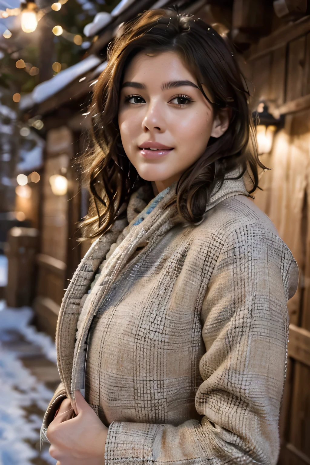 Breathtaking cinematic photo of a 25 year old girl with brown hair and brown eyes, happy, cheerful expression, closed mouth, beautiful lips, intricate details, shallow depth of field, highly detailed, high budget, epic Hollywood film, gorgeous, masterpiece, award-winning, professional, highly detailed, detailed skin texture, (blush: 0.5), (goosebumps: 0.5). (the most beautiful woman in the world) (brown hair) (short curly hair, wild hair, stylish cut) thin face, thin nose, beautiful, very beautiful, perfect face, slender body (slender), (brown hair) (brown eyes ) (white skin) Beautiful body, western face, predatory eyes, pink lips, thick thighs. full body, western beauty, thin nose, beautiful, perfect, ((best quality)), ((ultra resolution)), ((photorealistic: 1.4)), (intricate details), perfect face, makeup: 1.5 , clear face, facial details. In this charming scene, the travel model is strolling through a picturesque Lapland village. She's wearing a fashionable winter coat, scarf, and beanie, with her hair styled in a casual, wavy manner. She's holding a map and a small backpack, looking like a chic explorer. The village is adorned with festive lights and decorations, with snow-covered cottages and a peaceful, wintery atmosphere.