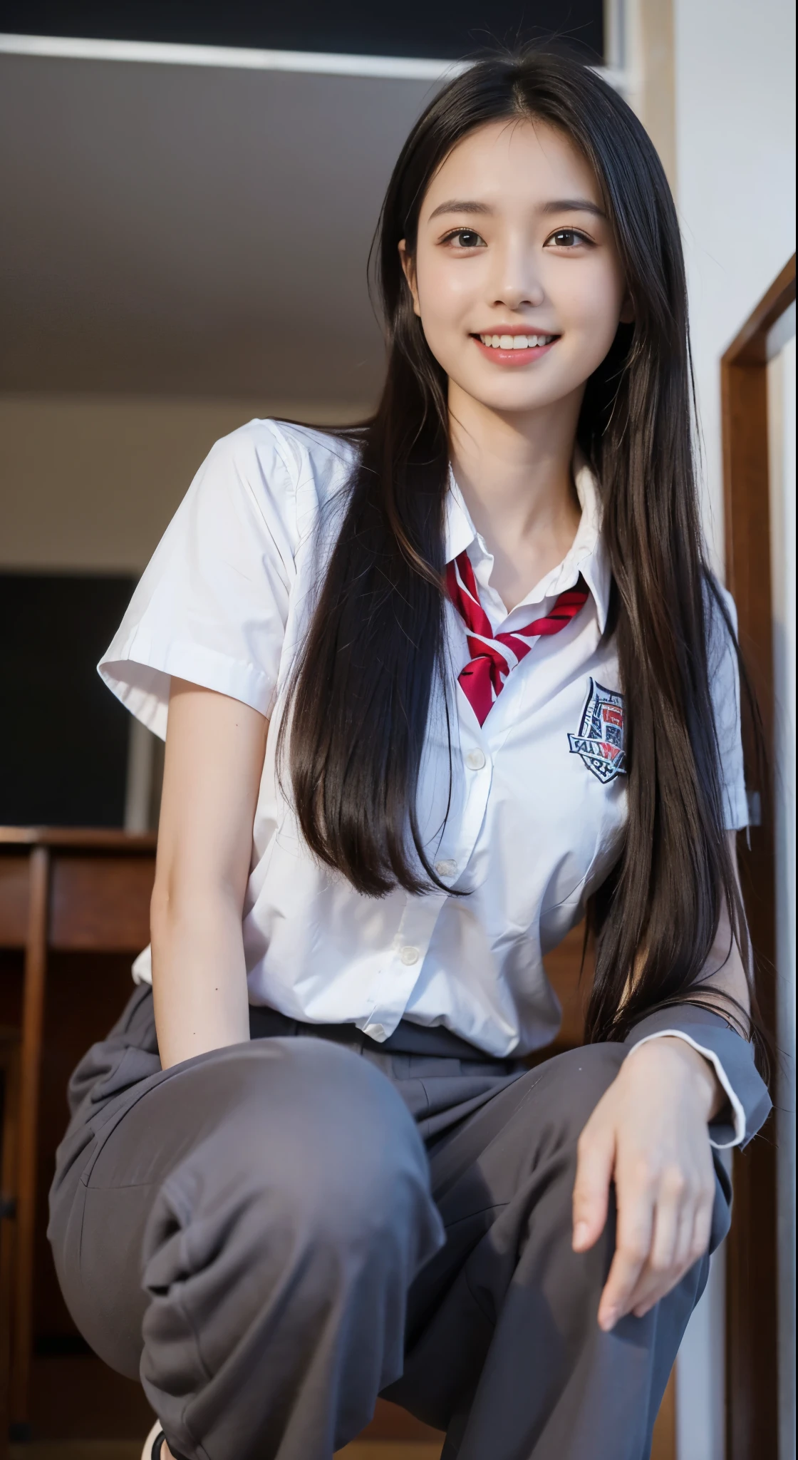 (1young girls), (extremely detailed beautiful face), (Amazing face and eyes), (Best Quality:1.4), (Ultra-detailed), (extremely detailed CG unified 8k wallpaper), Highly detailed, High-definition raw color photos, Professional Photography, Realistic portrait, ((Amazing face and eyes, Double eyes)), (High School Uniform, Pleated mini-skirt:1.3), (High school uniform with wide open chest:1.5), Mini skirt, Brown hair, ((18-year-old schoolgirl：A smile:show teeth)), depth of fields, ,(( A classroom with a very bright meaning))), (((Squatting:1.2))), (I can see panties:1.5), (((View from below:1.2))),((complete hands)),((bright illumination of the spot from below,))),