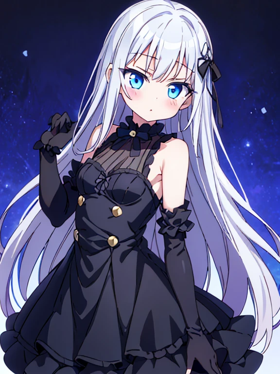 best quality,megami magazine,[[[[[[[[extra limbs]]]]]]]],[[[[extra digit]]]],[[[[fewer digit]]]],full body,face focus,eye focus,((((1girl)))),blush,pale skin,petite,blue eyes,small breasts,((woman)),((((wariza)))),magic hour,silver hair,((long hair)),((straight hair)),gothic sundress,((black  coat over sundress)),frilled skirt,black platform boots,elbow gloves,
