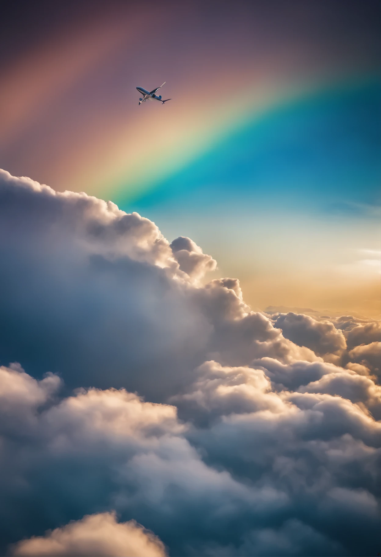 Close-up portrait of an airplane flying in the sky with clear iridescent clouds, Amazing skies, Amazing skies, Stunning rainbow colors, Vivid iridescent colors, A very colorful heaven, Amazing reflections of the sky, Colorful clouds, Colorful iridescent colors, Rainbow clouds, Rainbow clouds, Iridescent colors floating in the sky, Iridescent reflections, Magnificent iridescent colors, Beautiful rainbow, Colorful sky, Rainbow from the sky、Jumbo jets are coming towards you、Coming this way、