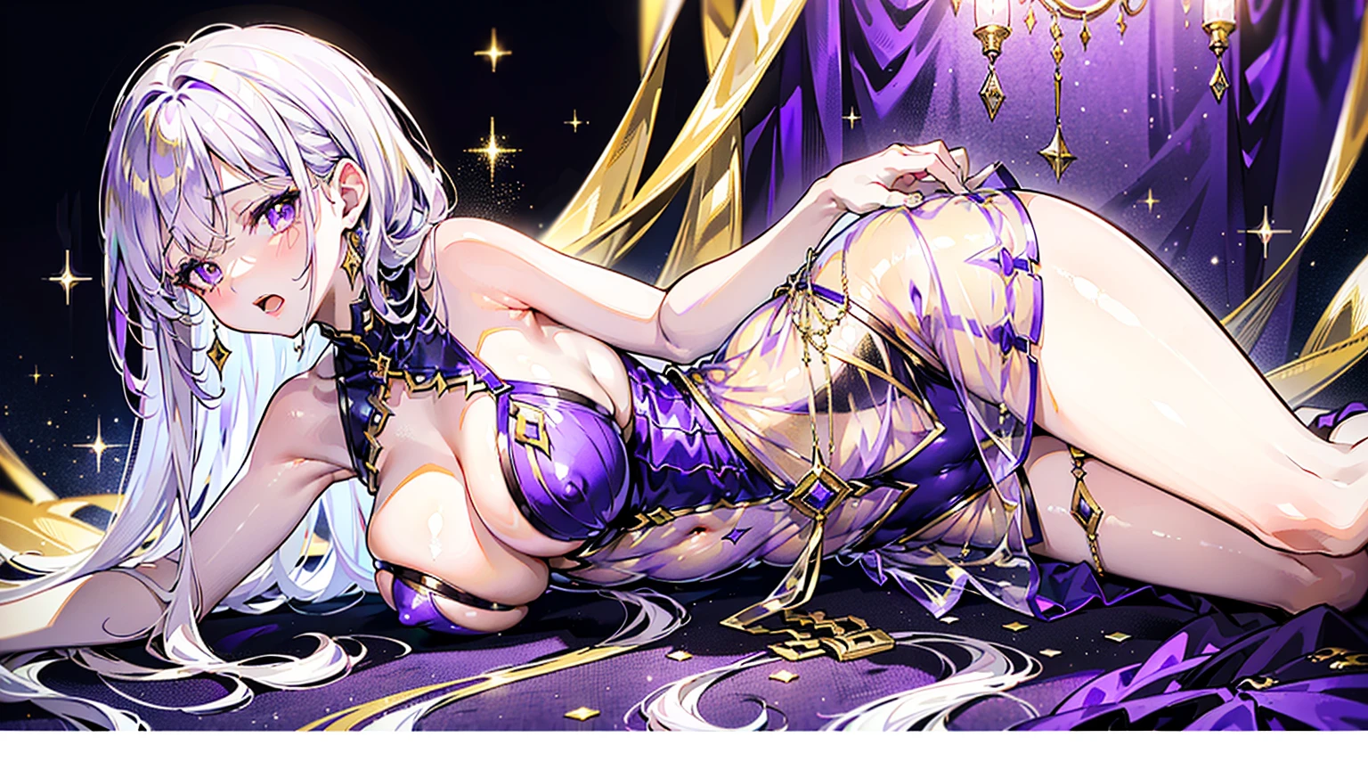 (Wearing transparent purple and gold clothing:1.5),Beautiful girl in official dress,The hair whiong white hair,red pupils,A slim waist does not show off the figure,(exposed Breasts:1.3),high quality,(see-through clothing:1.3),(Conspicuous nipples :1.1),(Conspicuous Vagina :1.2),(Orgasm:1.3)