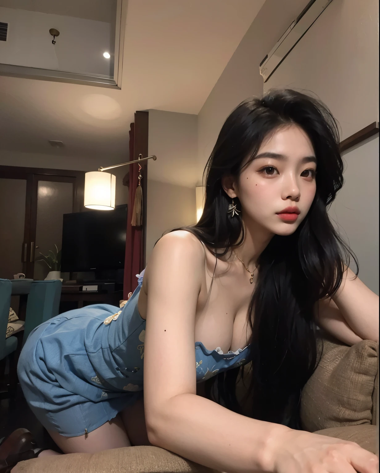 Asian Araffe woman in a blue dress sitting on a sofa,  coreana, linda mulher coreana jovem, Beautiful Asian girl, Mulher sul-coreana bonita, mulher coreana jovem bonita, beautiful chinese model, [HD 32k |]^10, 18 anos, Asian girl, pose atraente, Meninasa, Garota sexy, look sexy at the camera