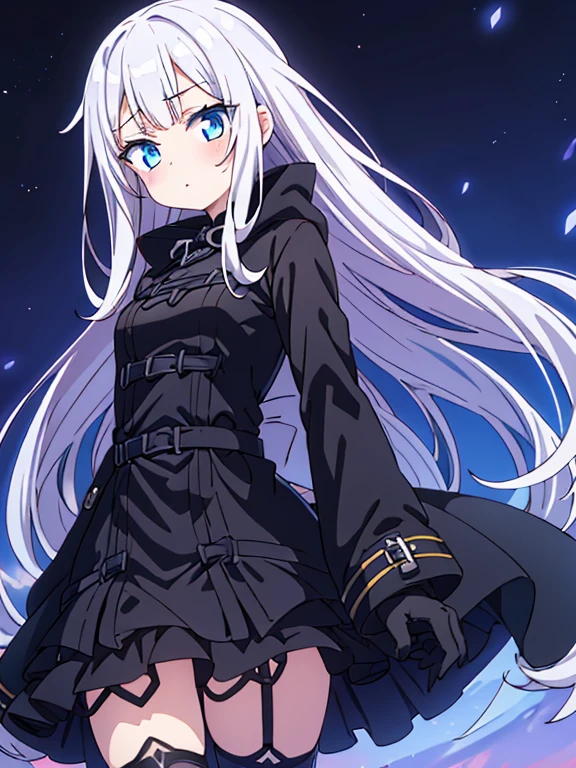 best quality,megami magazine,[[[[[[[[extra limbs]]]]]]]],[[[[extra digit]]]],[[[[fewer digit]]]],full body,face focus,eye focus,((((1girl)))),blush,pale skin,petite,blue eyes,small breasts,((woman)),((((wariza)))),magic hour,silver hair,((long hair)),((straight hair)),gothic sundress,((((black  coat)))),frilled skirt,black platform boots,elbow gloves,