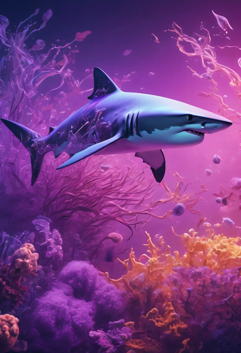 (Futuristic transparent ethereal shark:1.6),Golden Mechanical Skeleton Shark,mechanical joint shark,blue light control eye,(Purple light cosmic energy field surrounds shark:1.5),Digital neural network,Futuristic deep sea landscape,Shark virtual holographic digital avatar,Complex illustrations in surrealist art style,Surreal dreams,Future dream underwater landscape,coral reef,fish flocks,Diversity of marine life,