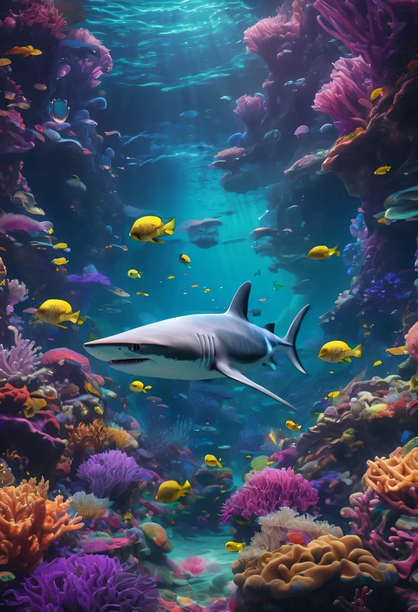 "future, There is a translucent and ethereal golden mechanical shark,With robotic exoskeleton. it has glowing blue eyes,Eyes resembling cybernetic creatures. Shark surrounded by purple cosmic energy field,Exudes a charming light. The entire scene is a virtual holographic digital representation of the shark, Existing in the deep sea landscape of the future. The underwater environment is filled with vibrant coral reefs, fish flocks, and a variety of marine life. The artwork is a complex illustration,Has a surreal and dreamlike quality, Showing the imagination of the future and the beauty of the underwater world."