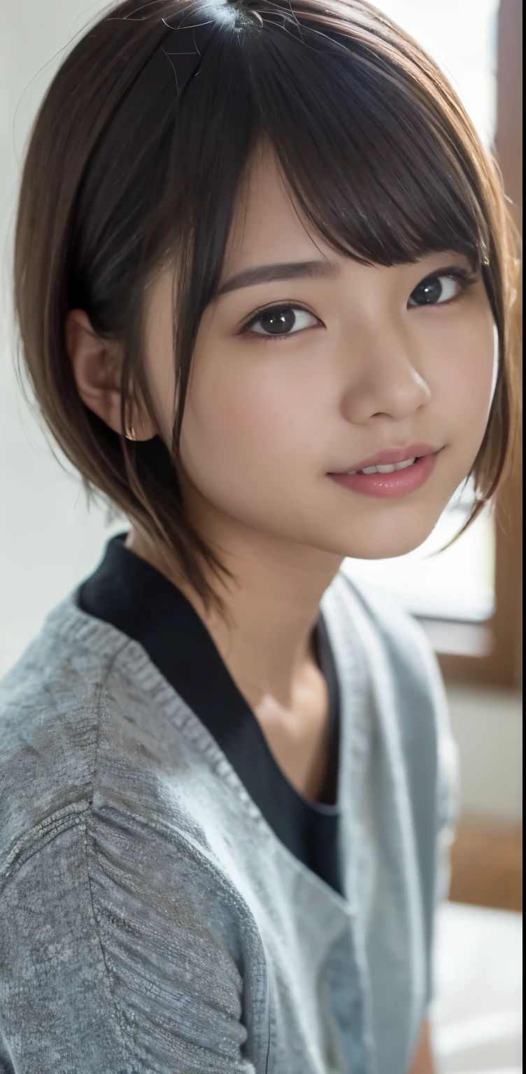 masterpiece, 1 beautiful girl, fine eyes, puffy eyes, highest quality, 超High resolution, (reality: 1.4), Original photo, 1 girl, cinematic lighting, Japan, asian beauty, Korean, super beautiful, beautiful skin, thin, the body is facing forward, (超reality的な), (High resolution), (8K), (very detailed), (best illustrations), (beautifully fine eyes), (Super detailed) , detailed face, looking at the viewer, look straight ahead, neat clothes, No sleeve, short hair, black hair, 46-point diagonal bangs, Room based on white background tones, Neat atmosphere,With a smile