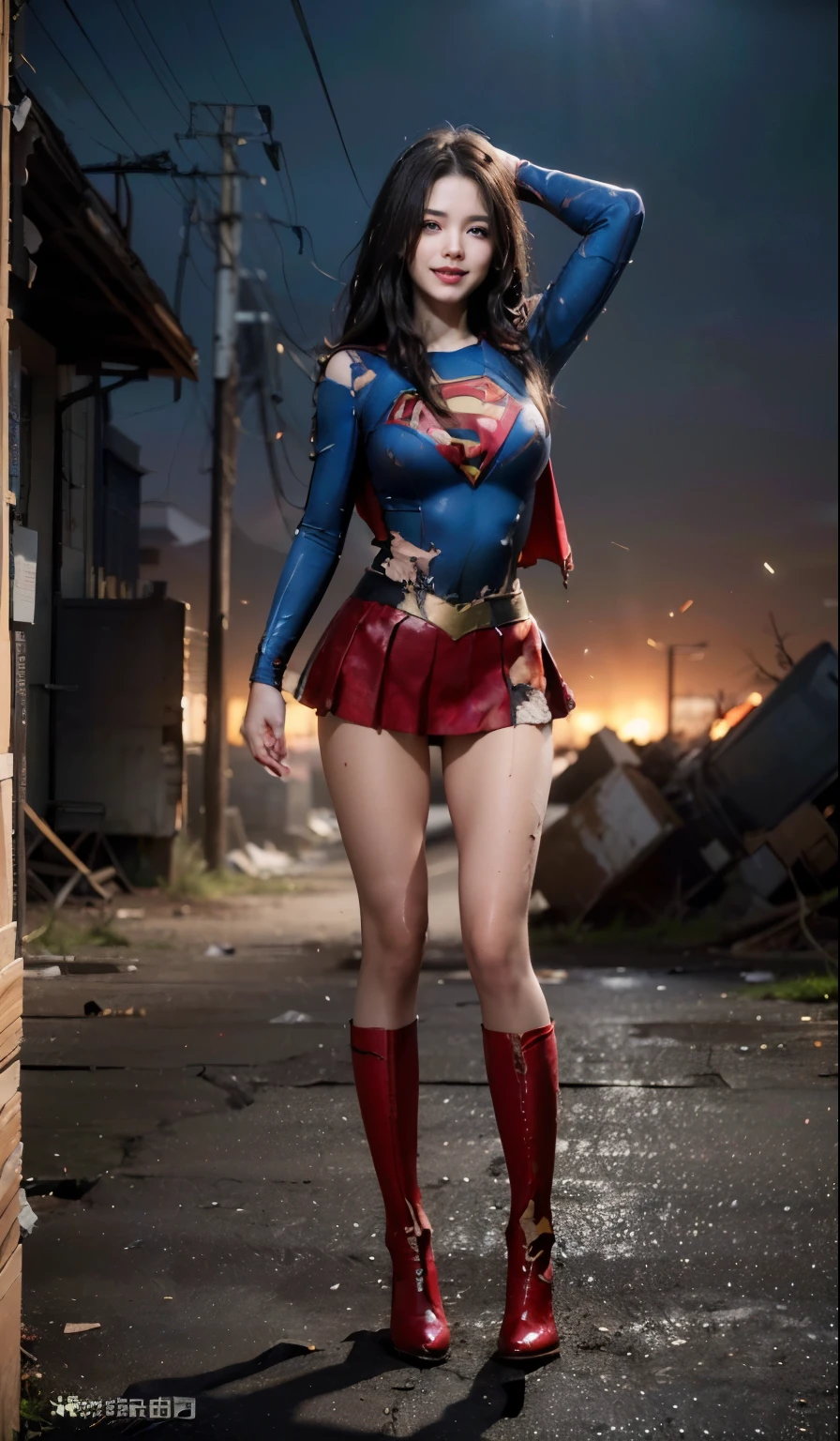 no background、(((Wear black tights on your beautiful legs.torn、Tattered、being destroyed)))、(((stretch your legs、tall、Legally express the beauty of your smile)))、((((Get the most out of your original images)))、(((supergirl costume、torn、Tattered、being destroyed)))、(((beautiful hair)))、(((I'm in pain)))、(((Legs must be worn with black tights)))、(((must wear red boots、being destroyed)))、((Highest image quality、8K))、((highest quality、8K、masterpiece:1.3))、(((keep background )))、clear focus:1.2、beautiful woman with perfect figure:1.4、Full of scars、bloody、full of blood、slender abs:1.2、wet body:1.5、Highly detailed face and skin texture、8K