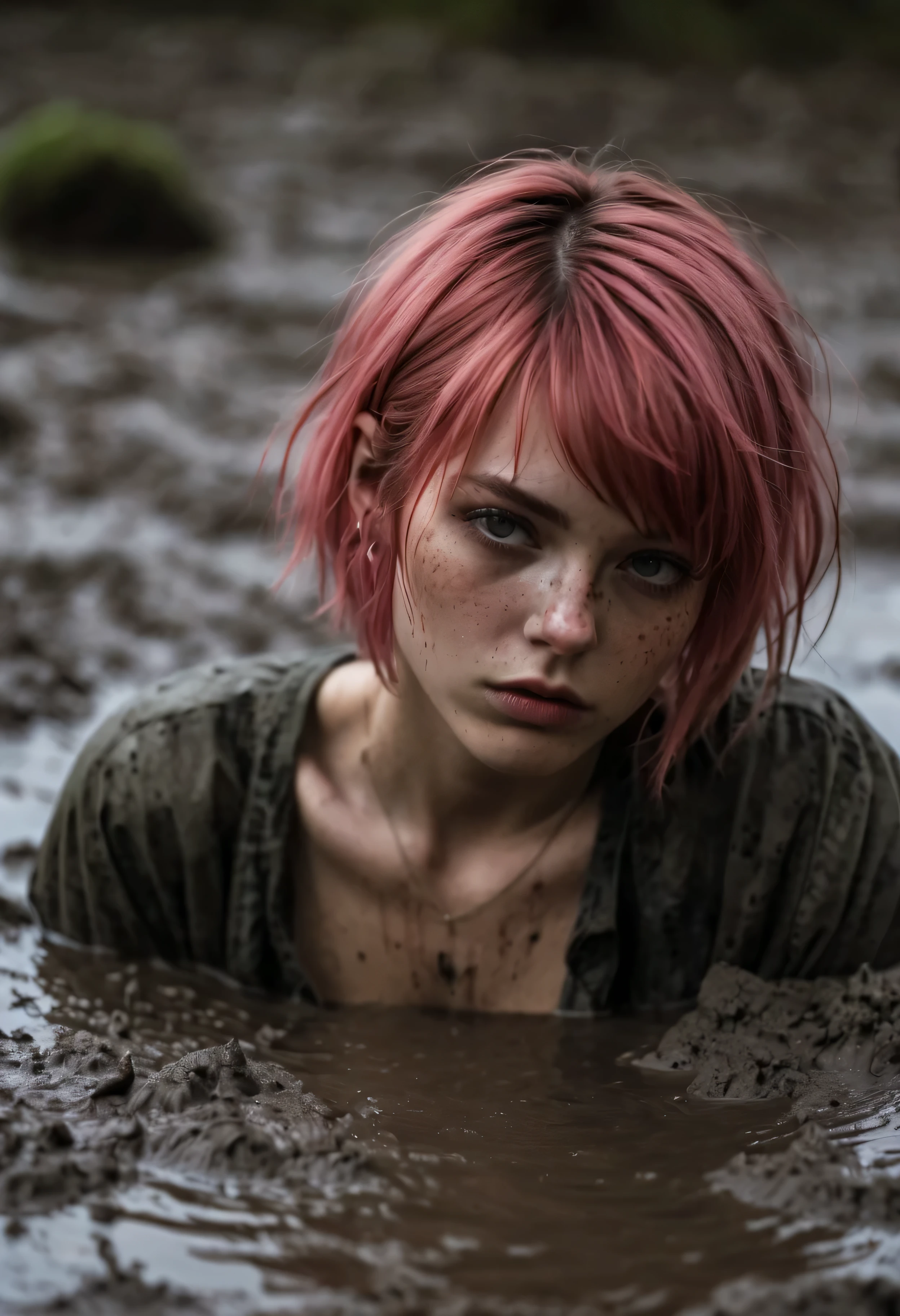 (Best Quality,hight resolution,Masterpiece, Overhead view:1.20),Ultra-detailed,Wide jeans,drowning in a swamp, fetish, (at the bottom of a mud pit:1.3),gloomy ecstasy,fetish,dark gloomy atmosphere,gritty texture,melancholic expression on his face,mysterious aura,foggy background,Subtle color palette,provocative pose,Strong emotions,Coming Out of the Depths of Despair,Piercing gaze,intense shadows,Plunged in Darkness,Rugged terrain,ominous vibe,A supernatural sensation,asymmetrical bangs, freckles, pink short hair, Bangs, freckles, gray eyes, A  girl