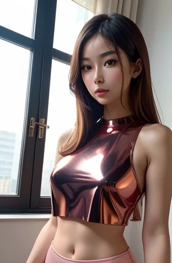 a woman in a shiny outfit posing for the camera, instagram, wearing a sexy cropped top, smooth pink skin, ayami, ultra high quality model, copper, sha xi, great quality, bond girl, shiny!!, taken in 2 0 2 0, at home, cutie, wow, brunette