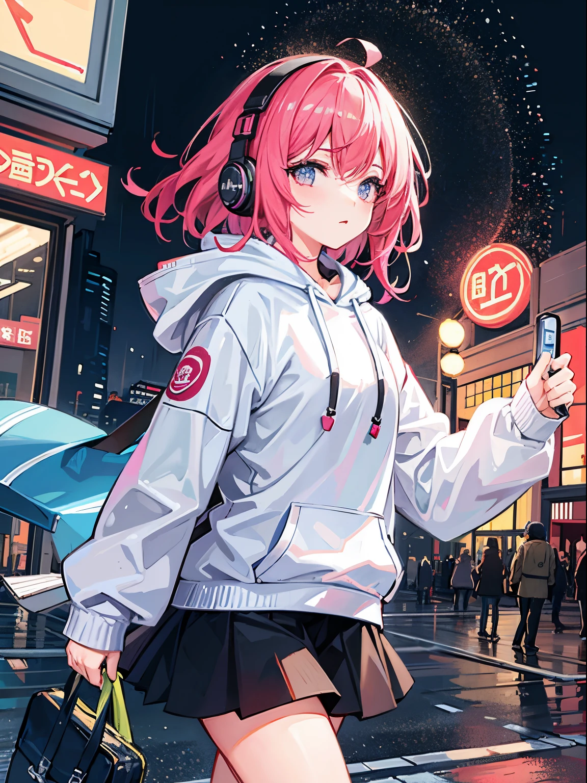 masterpiece, The girl is one, One, incredibly absurd, hoodie, headphones, Street, open, rain, neon,
