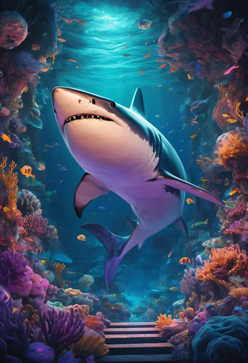 "future, There is a translucent and ethereal golden mechanical shark,With robotic exoskeleton. it has glowing blue eyes,Eyes resembling cybernetic creatures. Shark surrounded by purple cosmic energy field,Exudes a charming light. The entire scene is a virtual holographic digital representation of the shark, Existing in the deep sea landscape of the future. The underwater environment is filled with vibrant coral reefs, fish flocks, and a variety of marine life. The artwork is a complex illustration,Has a surreal and dreamlike quality, Showing the imagination of the future and the beauty of the underwater world."