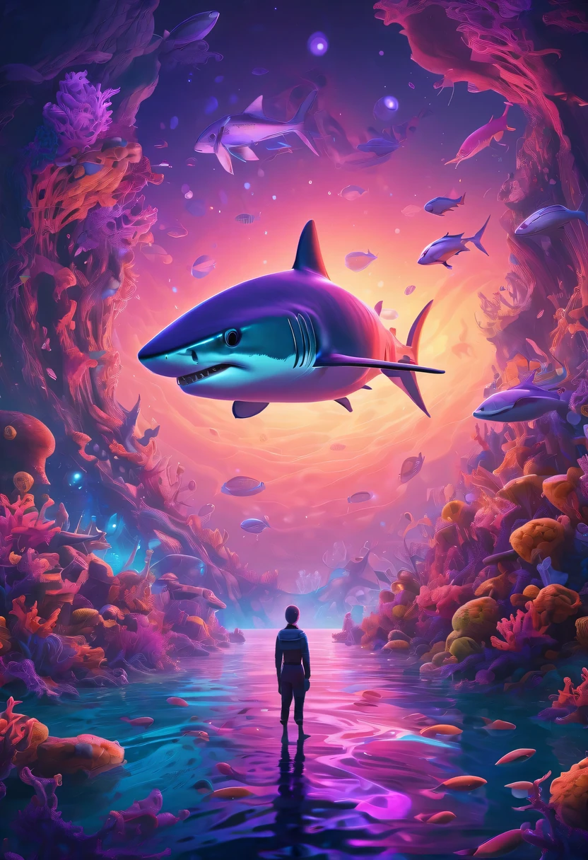 "future, There is a translucent and ethereal golden mechanical shark,With robotic exoskeleton. it has glowing blue eyes,Eyes resembling cybernetic creatures. Shark surrounded by purple cosmic energy field,Exudes a charming light. The entire scene is a virtual holographic digital representation of the shark, Existing in the deep sea landscape of the future. The underwater environment is filled with vibrant coral reefs, fish flocks, and a variety of marine life. The artwork is a complex illustration,Has a surreal and dreamlike quality, Showing the imagination of the future and the beauty of the underwater world."