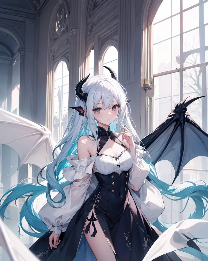 masterpiece,2 girls,alone,long hair,White hair,blue hair,dress,Off the shoulders:1.2, dragon horn,Dragon Wings