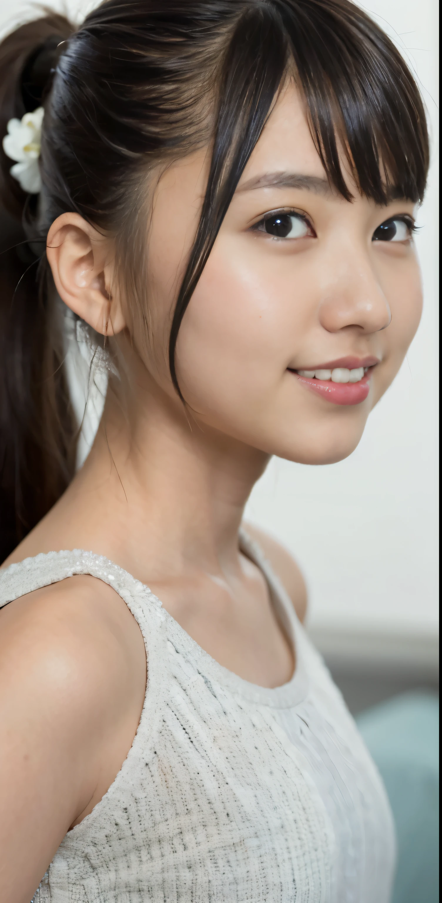 masterpiece, 1 beautiful girl, fine eyes, puffy eyes, highest quality, 超High resolution, (reality: 1.4), Original photo, 1 girl, cinematic lighting, Japan, asian beauty, Korean, super beautiful, beautiful skin, thin, body facing forward, (超reality的な), (High resolution), (8K), (very detailed), (best illustrations), (beautifully fine eyes), (Super detailed) , detailed face, looking at the viewer, look straight ahead, neat clothes, sleeveless,ponytail hairstyle, black hair, 46 point diagonal bangs, Room based on white background tones, Neat atmosphere,Nikkat