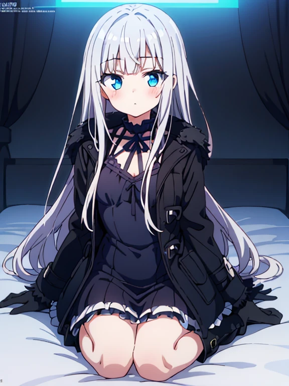 best quality,megami magazine,[[[[[[[[extra limbs]]]]]]]],[[[[extra digit]]]],[[[[fewer digit]]]],full body,face focus,eye focus,((((1girl)))),blush,pale skin,petite,blue eyes,small breasts,((woman)),((((wariza)))),magic hour,silver hair,((long hair)),((straight hair)),gothic sundress,((((black  coat)))),frilled skirt,black platform boots,elbow gloves,