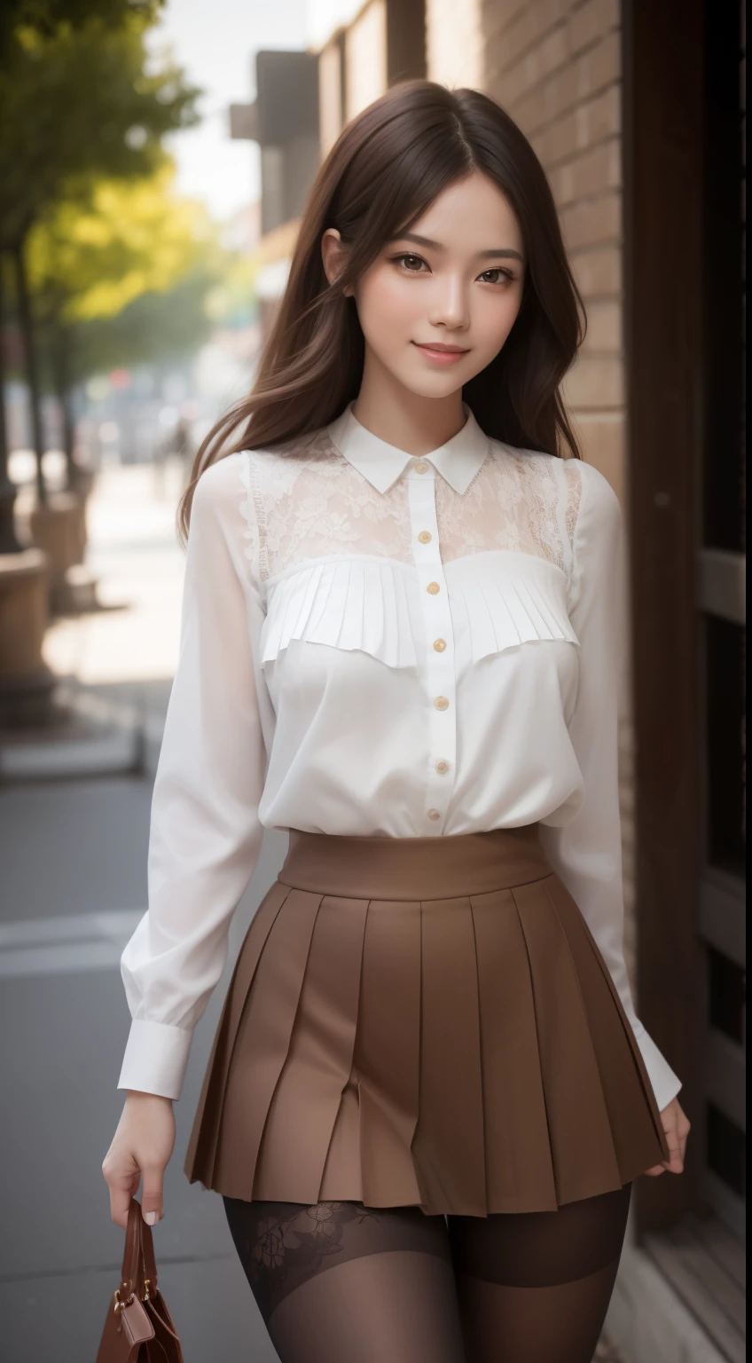 8K, masterpiece, RAW photo, highest quality, realistic, extremely detailed CG unity 8K wallpaper, Depth of bounds written, cinematic light, Lens flare, ray tracing, (very beautiful face, beautiful lips, beautiful eyes), face with intricate details, ((super dense skin)) 1 girl, in the dark, deep shadow, pretty asian girl, 1 girl, (very slim slender fit-muscled body:1.3), ((looking at the viewer)),(big smile:1.3), (short skirt ), (red mini skirt ), pantyhose, clear eyes, walk , front shot, (white skin), (Big eyes), look forward, (red shirt),  (brown hair), ((Blouse with lace)),,(looking at the viewer:1.3) very slim, medium breasts, (camel toe), Black stockings with lace, swoodt, building, wood, Sunny, thick thighs,((Lace Pleated Skirt))
