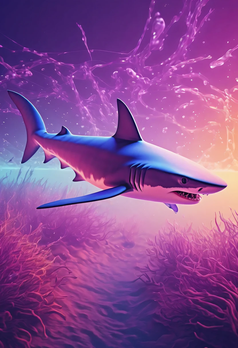 (Futuristic transparent ethereal shark:1.6),Golden Mechanical Skeleton Shark,mechanical joint shark,blue light control eye,(Purple light cosmic energy field surrounds shark:1.5),Digital neural network,Futuristic deep sea landscape,Shark virtual holographic digital avatar,Complex illustrations in surrealist art style,Surreal dreams,Future dream underwater landscape,coral reef,fish flocks,Diversity of marine life,