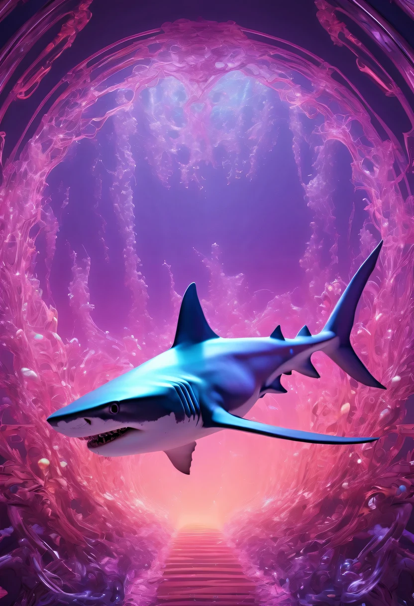 (Futuristic transparent ethereal shark:1.6)，Golden Mechanical Skeleton Shark，mechanical joint shark，blue light control eye，(Purple light cosmic energy field surrounds shark:1.5)，Digital neural network，Futuristic deep sea landscape，Shark virtual holographic digital avatar,Complex illustrations in surrealist art style，Surreal dreams，Future dream underwater landscape，coral reef，fish flocks，Diversity of marine life，