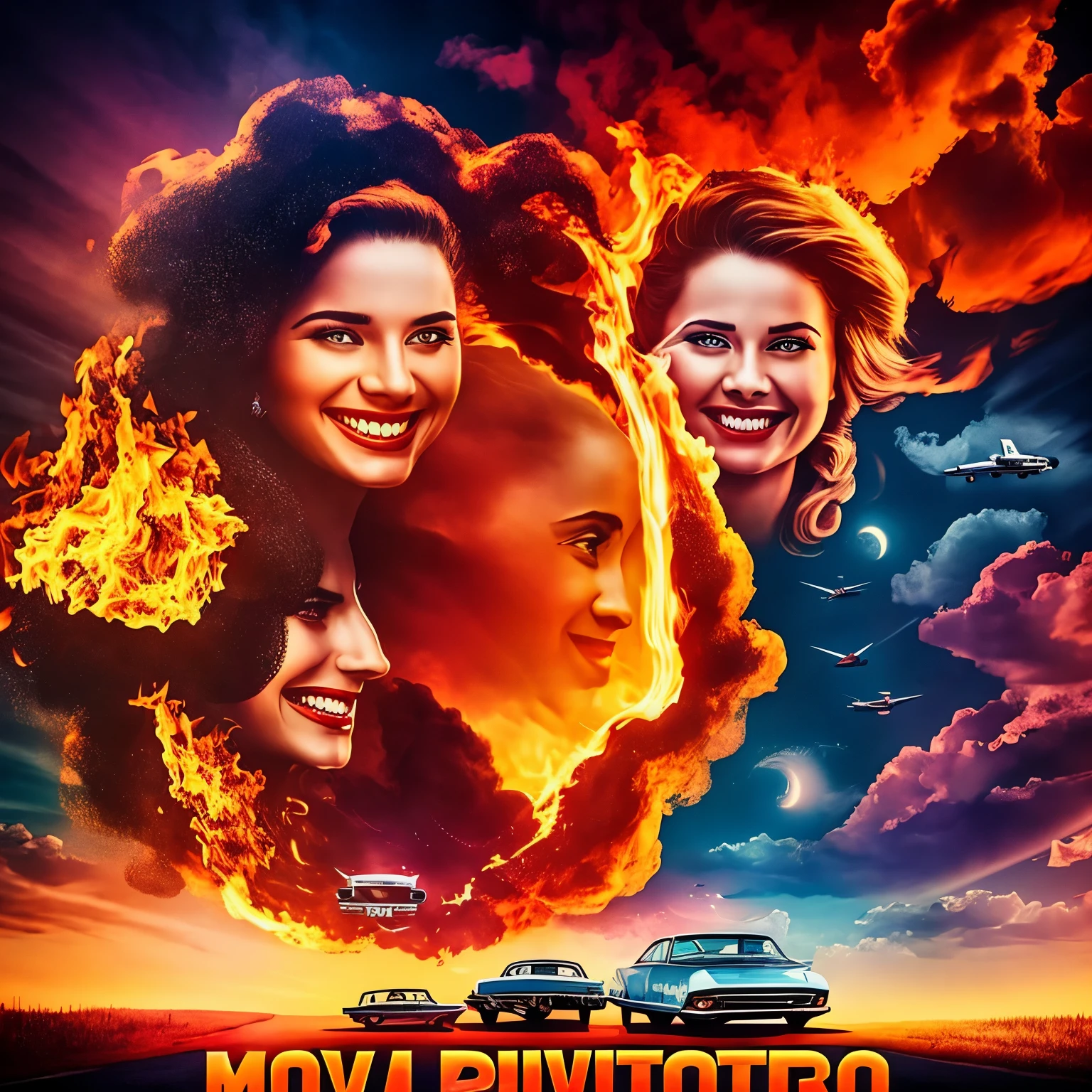 movie poster retro 80s surrealist with a woman's face smiling mockingly and fire in the background and cars moving with a sky in an isolated place post apocalypse psychedelic style experimental surrealist style