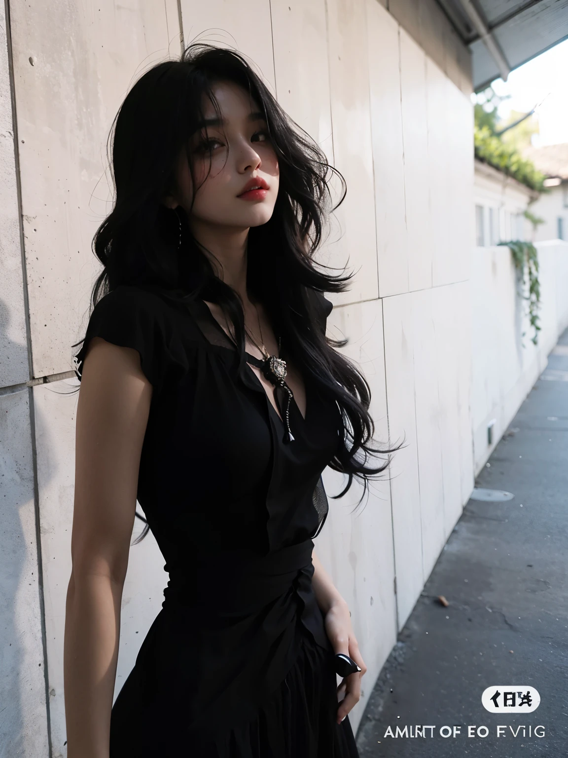 mulher arafed em um vestido preto encostado em uma parede, com longos cabelos pretos, cabelos pretos longos e finos, linda mulher coreana jovem, cruel korean goth girl, longos cabelos pretos soprados pelo vento, cabelos pretos longos ondulados, she is wearing a black dress, long flowing black hair, messy long black hair, flowing black hair, Mulher sul-coreana bonita