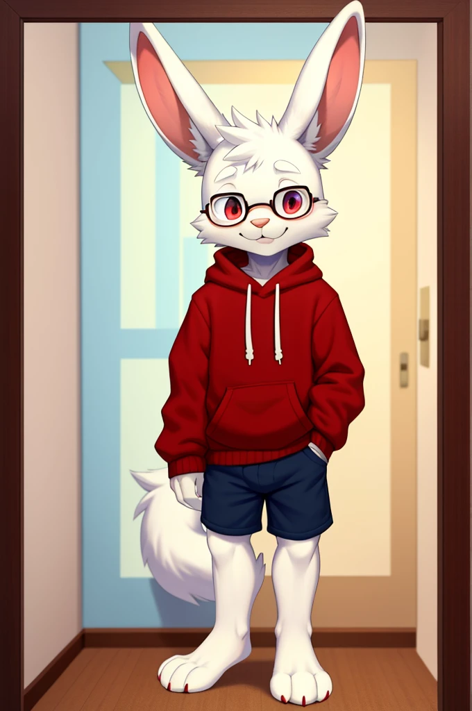 masterpiece, best quality, abstract background, detailed face, alone, male, twink, skinny, exciting, twink, red sweatshirt, shorts, no shoes, by meesh, by fastrack37d, 1boy, cute, , SKINNY, THIN, WHITE RABBIT, RABBIT EARS, ONE FOLDED EAR, RED PUPILS, WHITE FUR, WHITE FUR, WHITE FUR, ROUND FRAMED GLASSES, CUTE, HANDSOME, STANDING, CUTE EYEBROWS, PRIDE, CONFIDENCE, CURVED, POV, SPONGE TAIL. Seen from the front, seen full body, submissive, cute face, short and detailed tail, big eyes, room