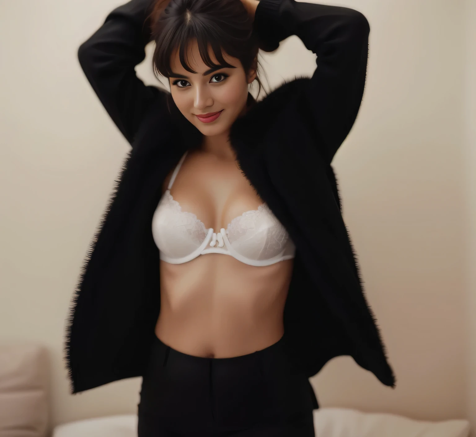 tem uma linda brasileira, in a black jacket and white lacy bra, posando em uma sala, trocando de roupa, she is posing, she is facing the camera, posing in bra, na casa dos 30 anos. foto de corpo inteiro! !. Uma mulher com pele branca e cabelos escuros. Ela tem trinta anos. Seu vermelho, slightly plump lips are like a delicate flower, e ela grande, olhos encantadores parecem conter um mundo de maravilhas. Ela tem 30 anos. Ela tem 162 cm de altura e seu corpo pesa 56 kg. Your body exudes glamor and your face is the definition of beauty. pernas bem torneadas. Altamente realista, pele avermelhada, beautiful lips, sorriso, feeling of lightness and joy, hiperrealismo, pele muito elaborada, olhar direto, trabalho de arte, Foto de alta qualidade, high resolution, 8k.