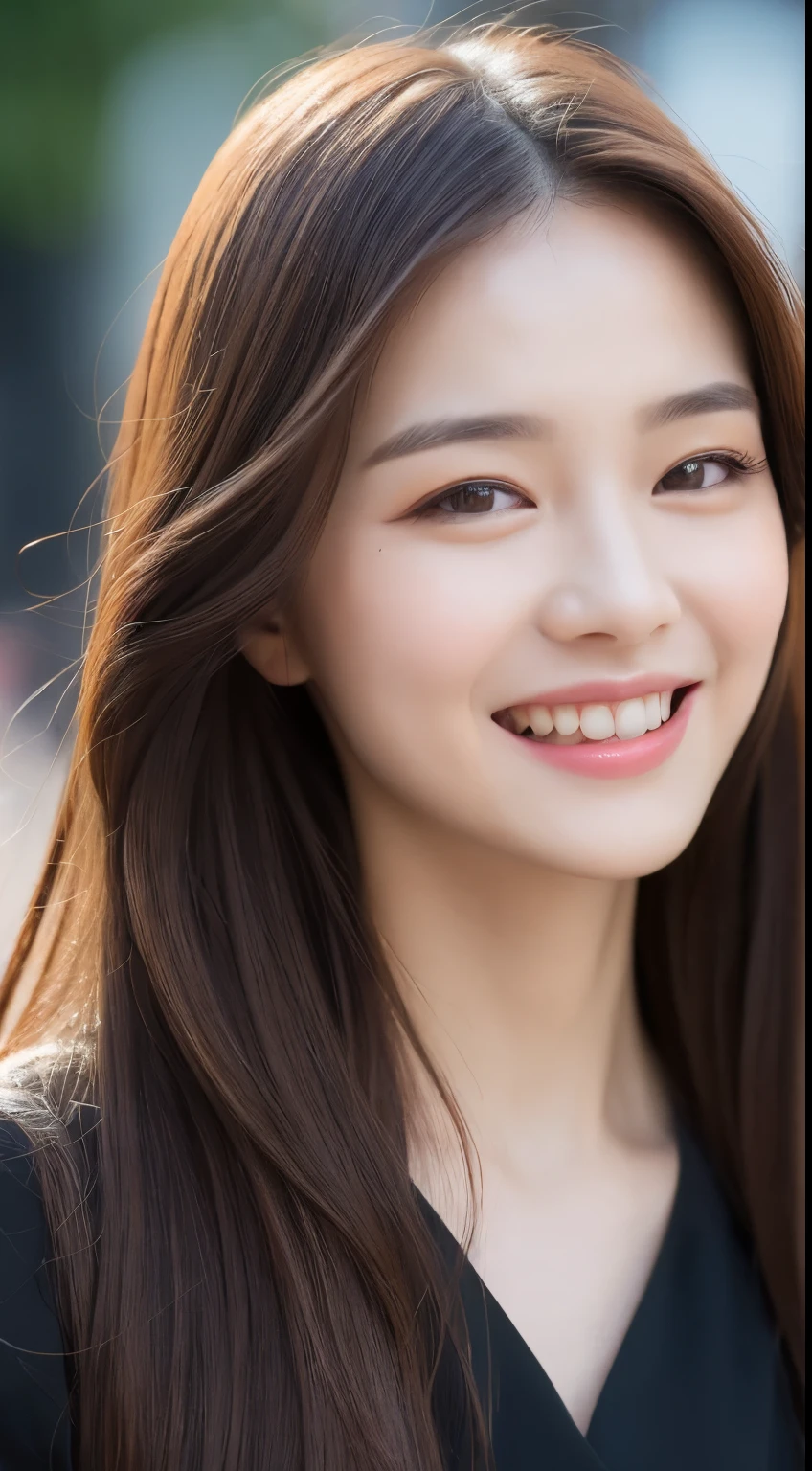 ((Best quality, 8k, Masterpiece :1.3)), 1girl, smiling, full body, slim face, Pretty woman, (Dark brown hair), full length dress :1.1, Ultra-detailed face, Detailed eyes, Double eyelid, blur background, slim face, city, outside, street,