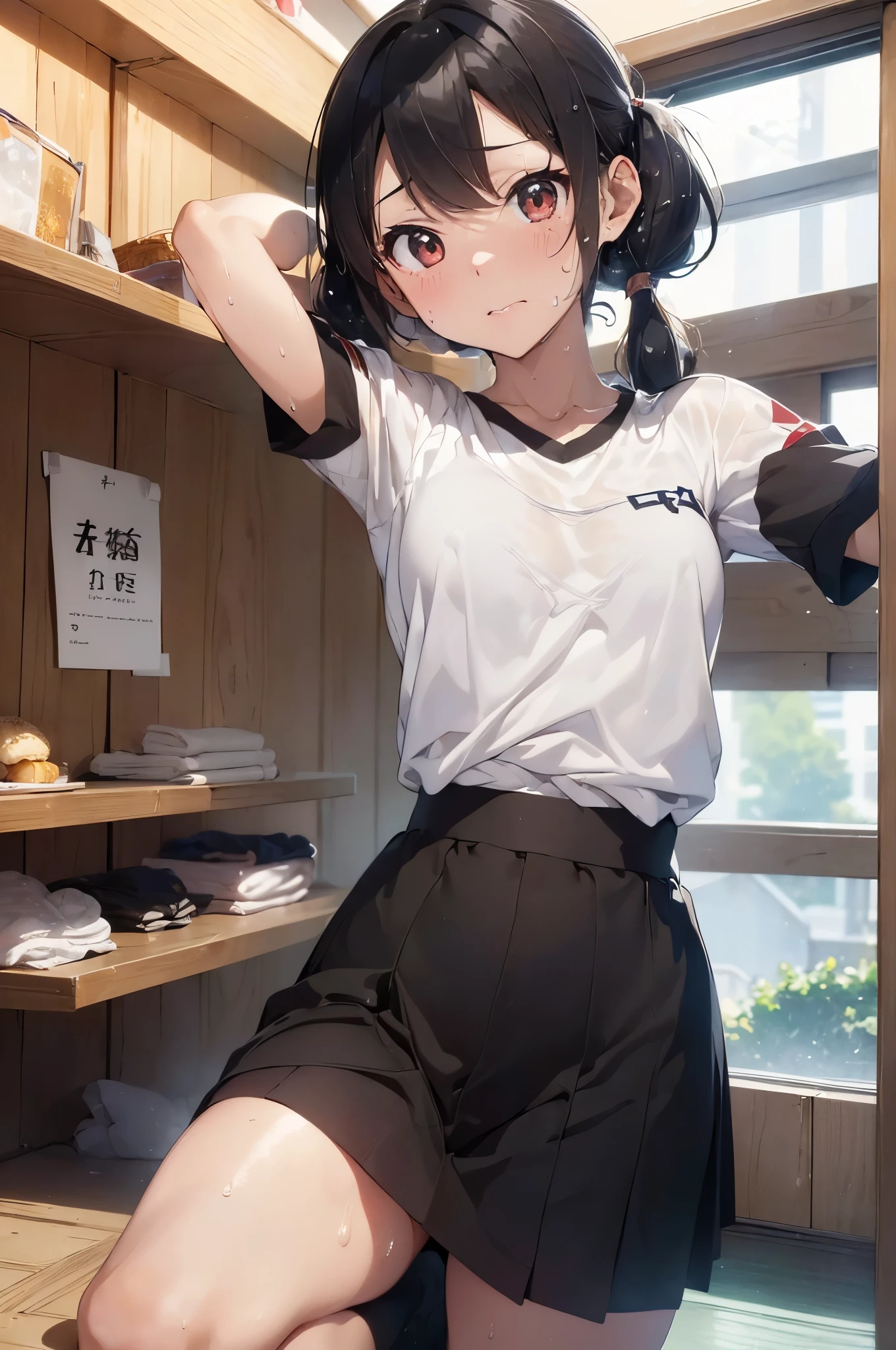 (masterpiece Best Quality, absurderes, Perfect Anatomy, Unity 8k Wallpapers,best anime), Detailed beautiful face and eyes,(1woman,solo),の美少女、日本人、(black hair,low twintails:1.3),red eyes,恥ずかしげな表情,((小さい頭:1.5,skinny,slender body:1.2,ideal ratio body proportions:1.3,medium breasts))、(((白色のブラジャー:1.5、白色のパンティー:1.5,sweat:1.3)))、寝室、