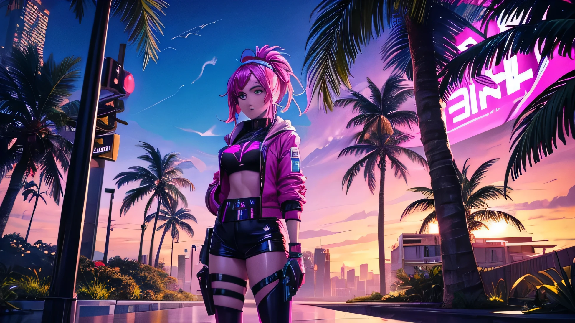art image of a woman from the game Fortnite in a futuristic outfit with a neon sign, on the beach with palm leaves, night ocean shore, inspired by Aya of the year, [synthwave art style ]!!, synthwave art style ]!!, [ synthwave art style ]!! ]!!, [ 4k synthwave art style ]!!, synthwave art style, kda, author of the year, synthwave art,