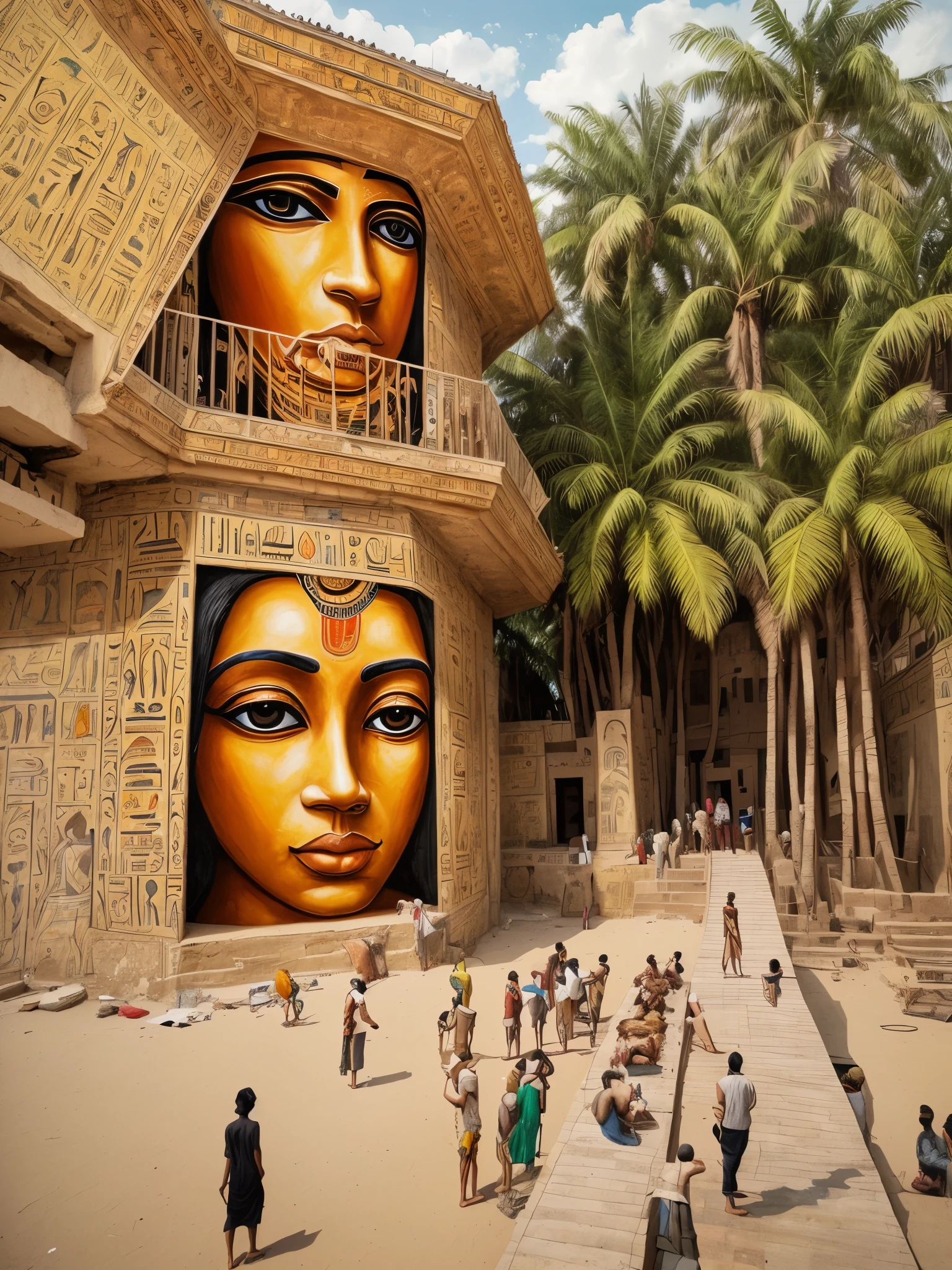 there is a large mural of a man on the side of a building, masterpiece work of art, outside view, centre image, painted on a giant wall, seen from outside, above view, taken with sony alpha 9, bengal school of art, wonderful masterpiece, mural art, wall painting, near the beach, front side, exterior view, realism art, art gallery make it like egyptian old architecture