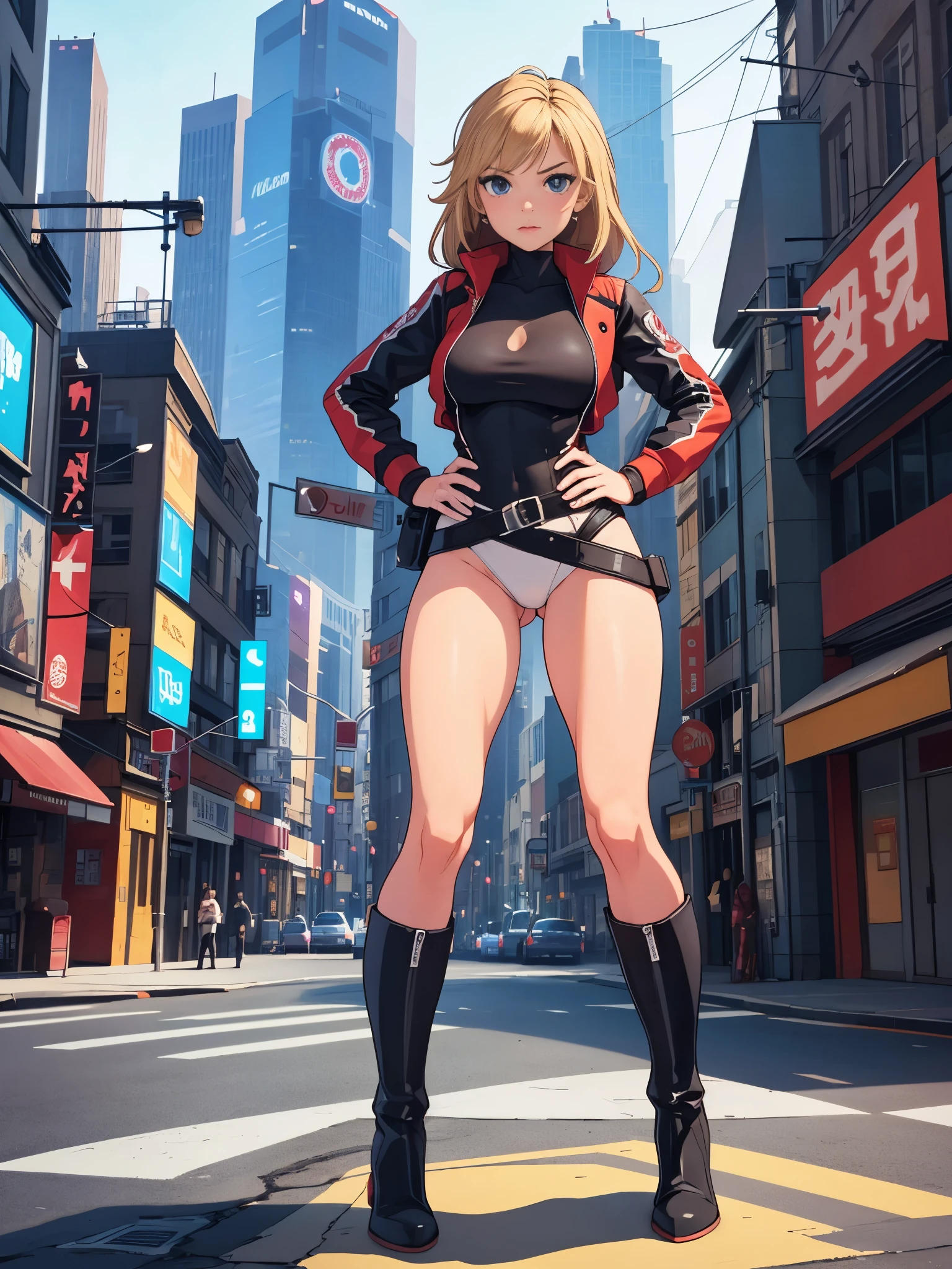 1girl, superhero, leotard, bare legs, boots, standing, solo focus, tight belt, hands on hip, full body shot, mature lady, city backdrop