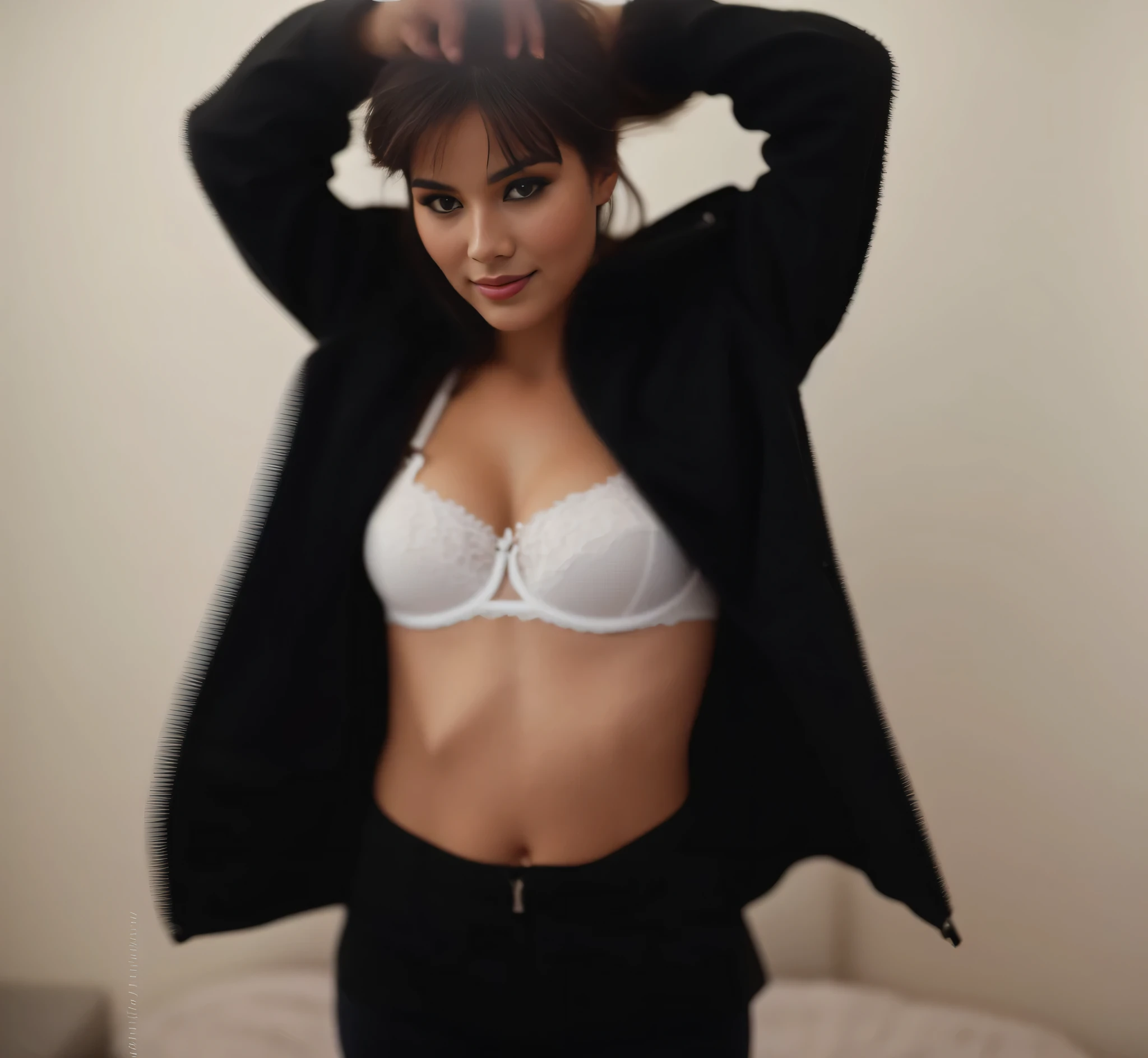 tem uma linda brasileira, in a black jacket and white lacy bra, posando em uma sala, trocando de roupa, she is posing, she is facing the camera, posing in bra, na casa dos 30 anos. foto de corpo inteiro! !. Uma mulher com pele branca e cabelos escuros. Ela tem trinta anos. Seu vermelho, slightly plump lips are like a delicate flower, e ela grande, olhos encantadores parecem conter um mundo de maravilhas. Ela tem 30 anos. Ela tem 162 cm de altura e seu corpo pesa 56 kg. Your body exudes glamor and your face is the definition of beauty. pernas bem torneadas. Altamente realista, pele avermelhada, beautiful lips, sorriso, feeling of lightness and joy, hiperrealismo, pele muito elaborada, olhar direto, trabalho de arte, Foto de alta qualidade, high resolution, 8k.