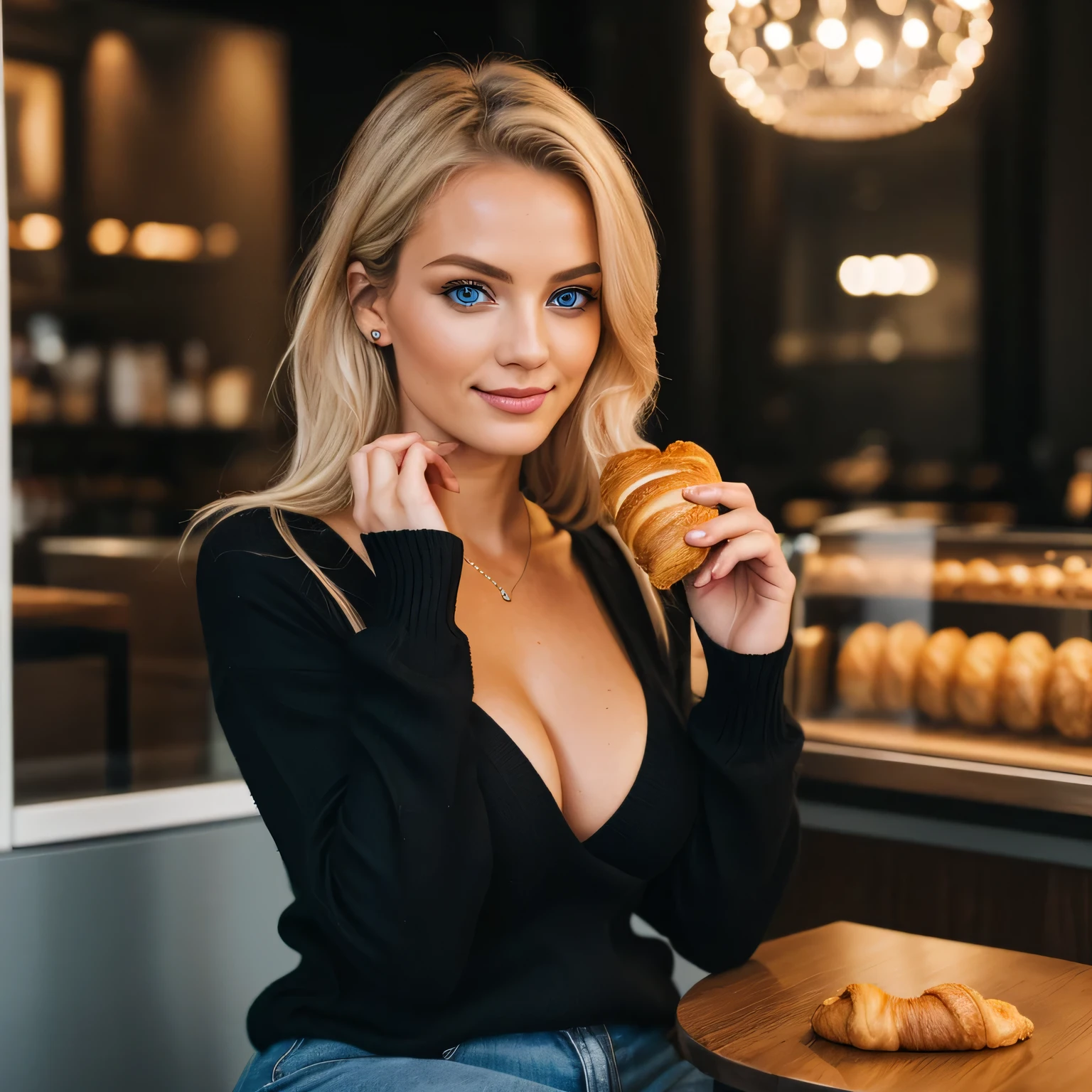 photography of 1 stunning 24-year-old blonde (Blue-eyed woman)  from behind wearing a sexy black v neck sweater  , looking really sweet (Rock), eating a croissant and drinking a coffee,(Ausschnitt), Details (Gewebe! , Haar! , Glitzer, Farbe!! , Benachteiligungen: 1.1), shiny eyes with high level of detail (Blick in die Kamera), SLR-Beleuchtung, Spiegelreflexkamera, ultra quality, Sharpness, Depth of field, Filmkorn (Mitte), Fujifilm XT3, kristallklar, Rahmenmitte, Beautiful face, Scharfer Fokus, , bokeh (schwach beleuchtet),Detaillierte Hautporen, Oily skin, Sonnenbrand, Komplexe AugenDetails, full entire body, big boobs, sitting in a new york coffee bar