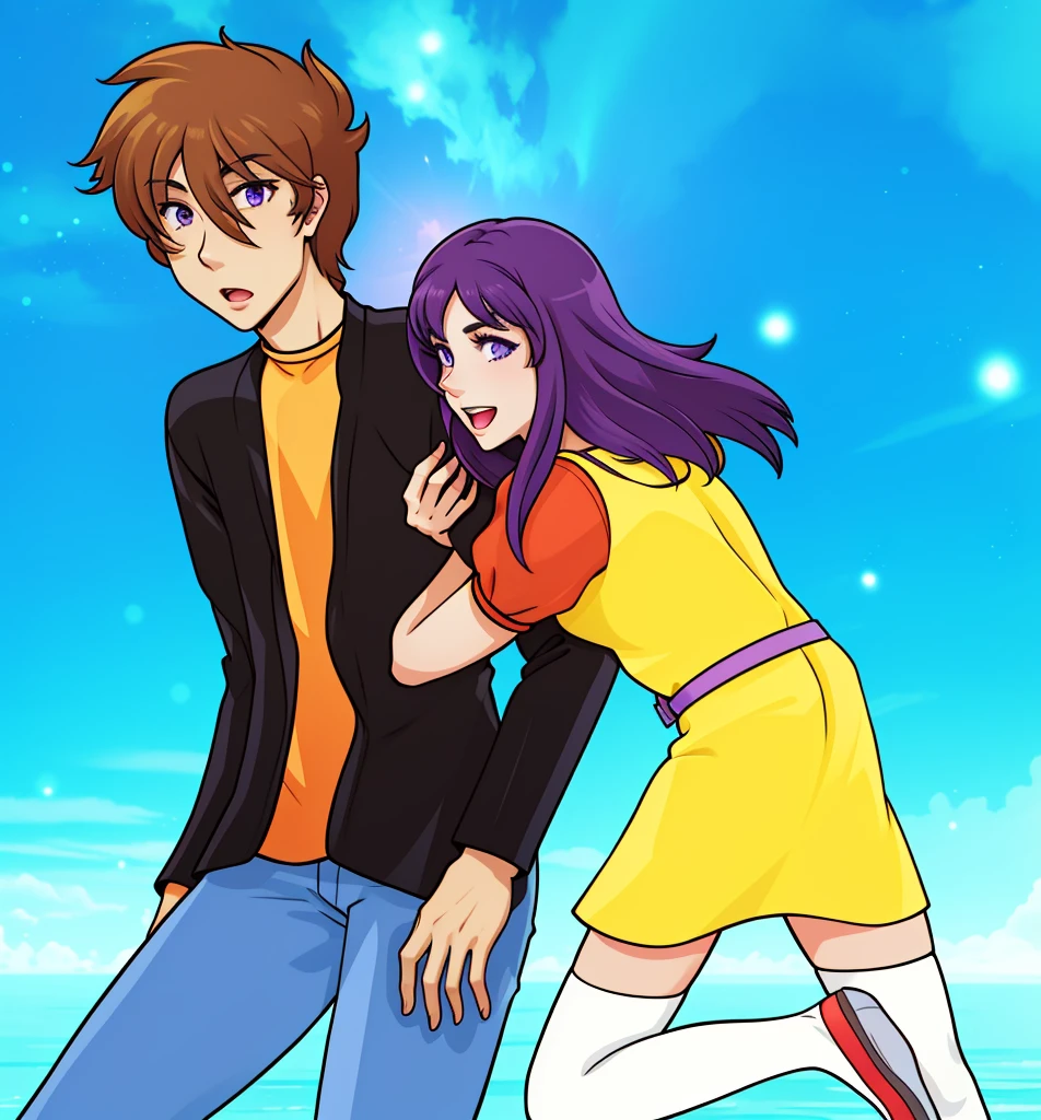 1woman, 1man, yellow dress with red shoulders purple belt long white socks red ballerinas, black jacket orange shirt blue jeans, holding the arm, looking at each other, purple hairs