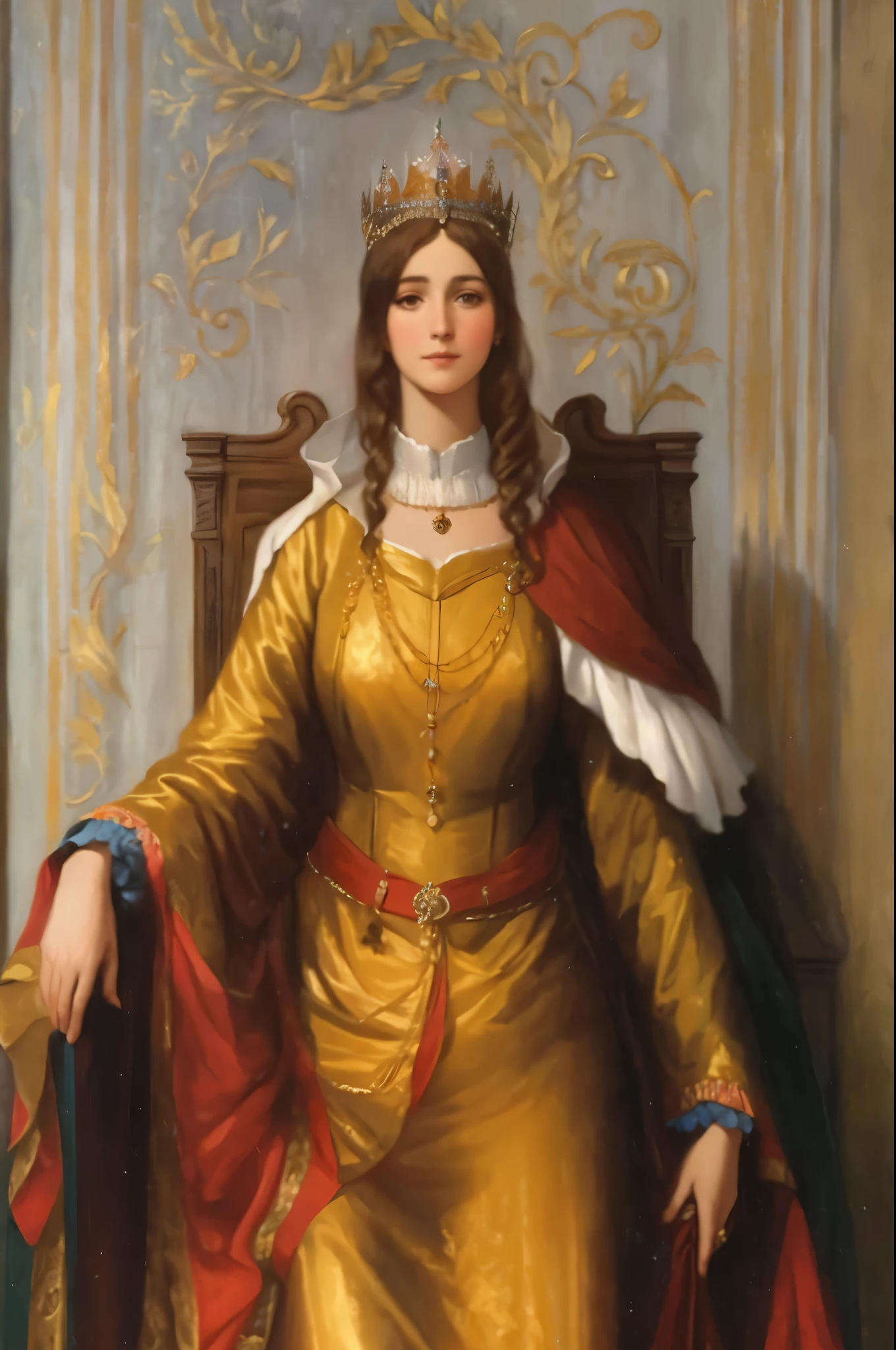 uma pintura de uma mulher com um vestido dourado sentada em uma cadeira, majestade em roupas nobres, Direction: Marie Krøyer, oil painting of princess vulvine, Retrato de uma rainha, imperatriz, mulher robusta real e orgulhosa, portrait of a young imperatriz, from the duchy of lituania, historical artistic depiction, Rainha Margarida de Saboia