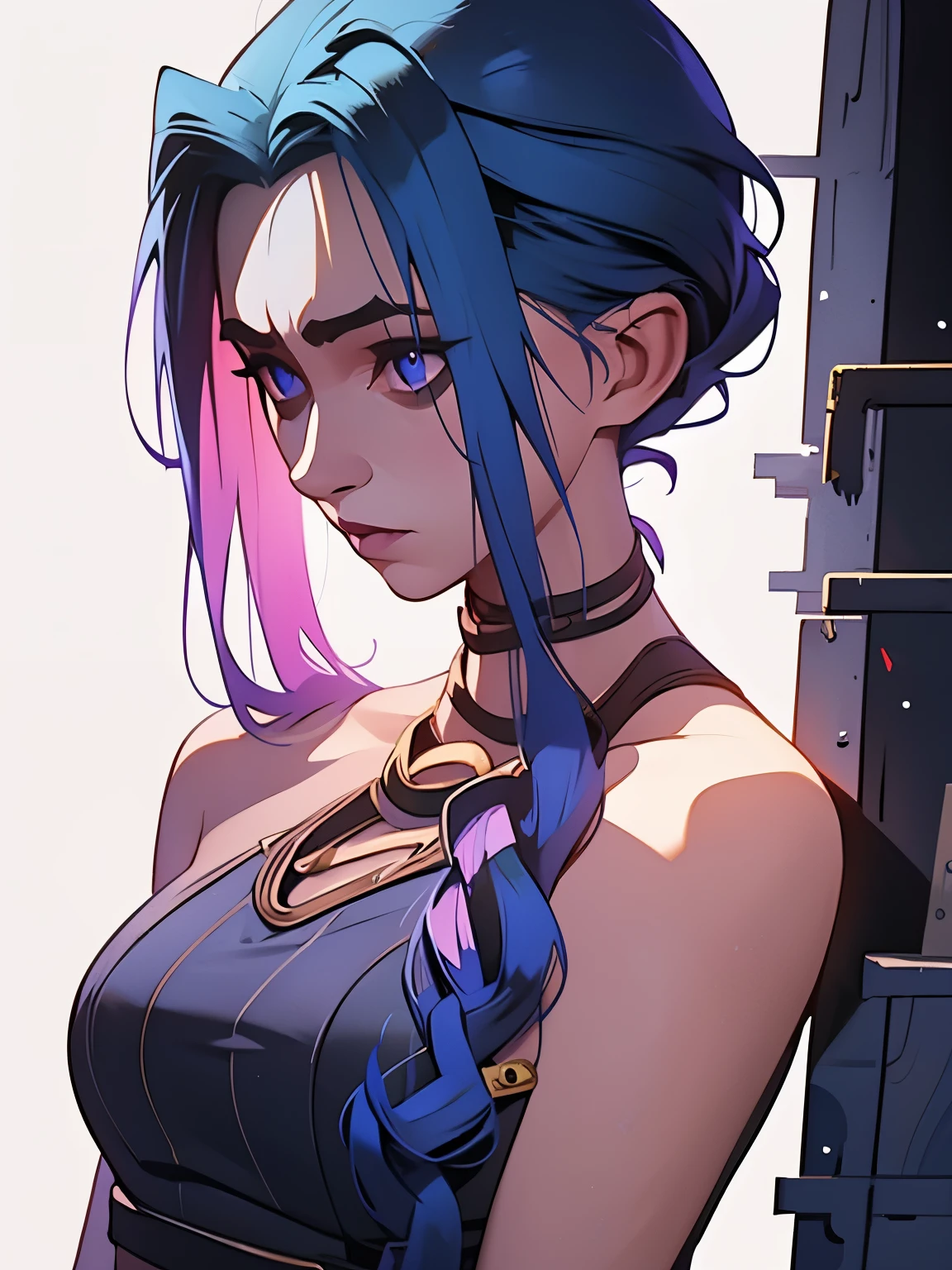 Nsfw, Jinx, league of legends, (master part, best quality;1.3), extremamente detalhado ,ultra detalhado, 1girl,sozinho, seios pequenos, ornamento de cabelo, Brincos, Olhando para o Viewer, mini saia, micro bra, olhos roxos, 4k resolution, ultra-realistic, altamente detalhado, corpo inteiro, noite, dynamic lights, lua cheia, 