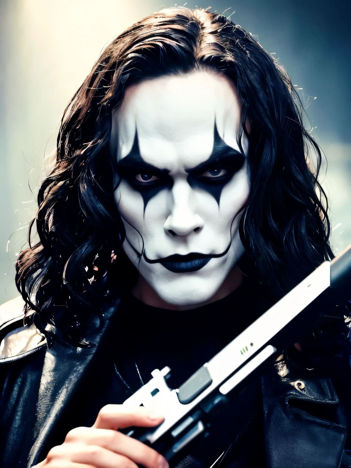 A cinematic poster of the character "The Crow". Close-Up Face. The character is in the middle of a dark street, with a bright green light shining on him. (( The Crow V.IT Face, White face with black makeup )), The background is black with smoke. Wearing a The Crow Costume. The character is wearing a black overcoat, jeans, and black boots. He has long black hair and wears black makeup. He is holding a pistol in his right hand. DETAILED FACE, intricaten. detailed pistol. Realism: The generated art should be realistic and highly detailed. Lighting: The lighting should be cinematic, with a bright green light shining on the character. Background: The background should be black with smoke.