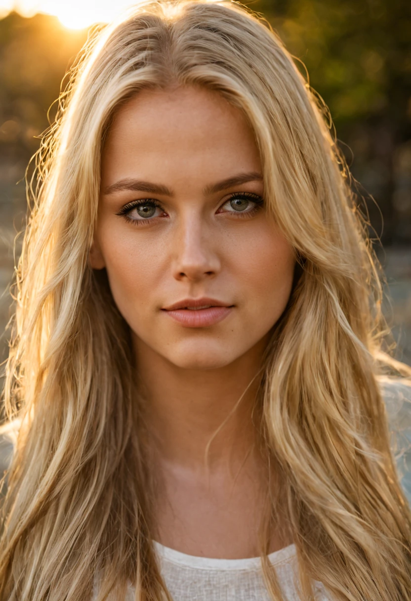 A photorealistic portrait of a 21-year-old SWEDISH girl with long, flowing blond hair and striking dark eyes . She should have a natural, approachable expression and be illuminated by soft, golden-hour sunlight. The background should be a scenic outdoor setting, perhaps a sunlit park or beach. Capture this image with a high-resolution photograph using an 85mm lens for a flattering perspective.