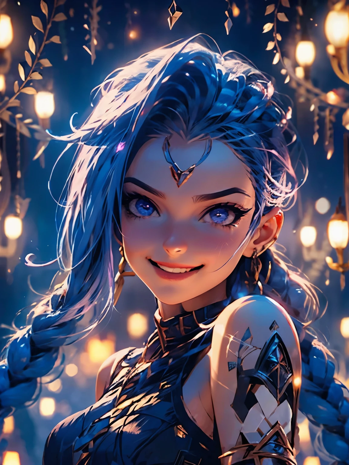 Nsfw, Jinx, league of legends, (master part, best quality;1.3), extremamente detalhado ,ultra detalhado, 1girl,sozinho, seios pequenos, sorriso maligno, ornamento de cabelo, Brincos, Olhando para o Viewer, mini saia, micro bra, olhos roxos, 4k resolution, ultra-realistic, altamente detalhado, corpo inteiro, noite, dynamic lights, lua cheia, 