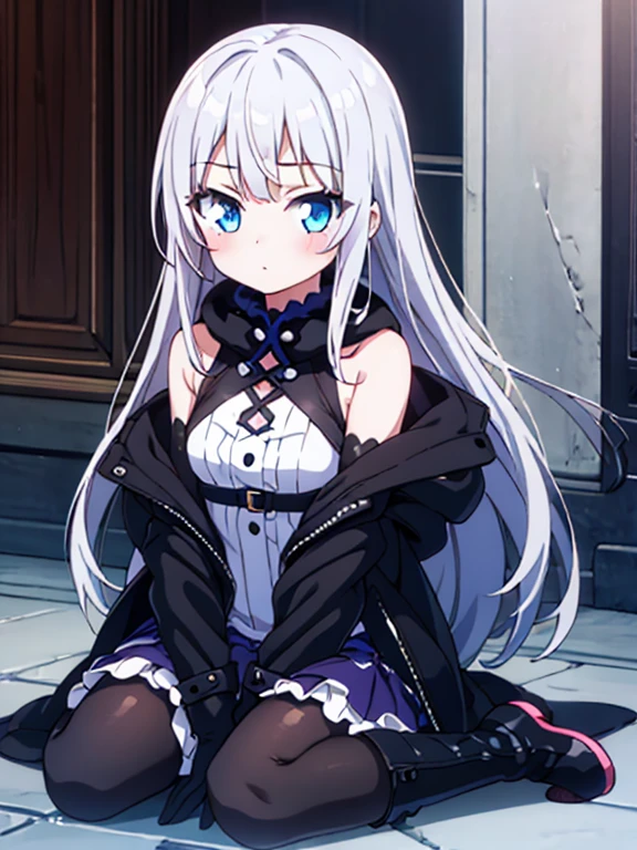 best quality,megami magazine,[[[[[[[[extra limbs]]]]]]]],[[[[extra digit]]]],[[[[fewer digit]]]],full body,face focus,eye focus,((((1girl)))),blush,pale skin,petite,blue eyes,small breasts,((woman)),((((wariza)))),magic hour,silver hair,((long hair)),((straight hair)),bare shoulders,gothic sundress,((((black coat)))),frilled skirt,black platform boots,elbow gloves,
