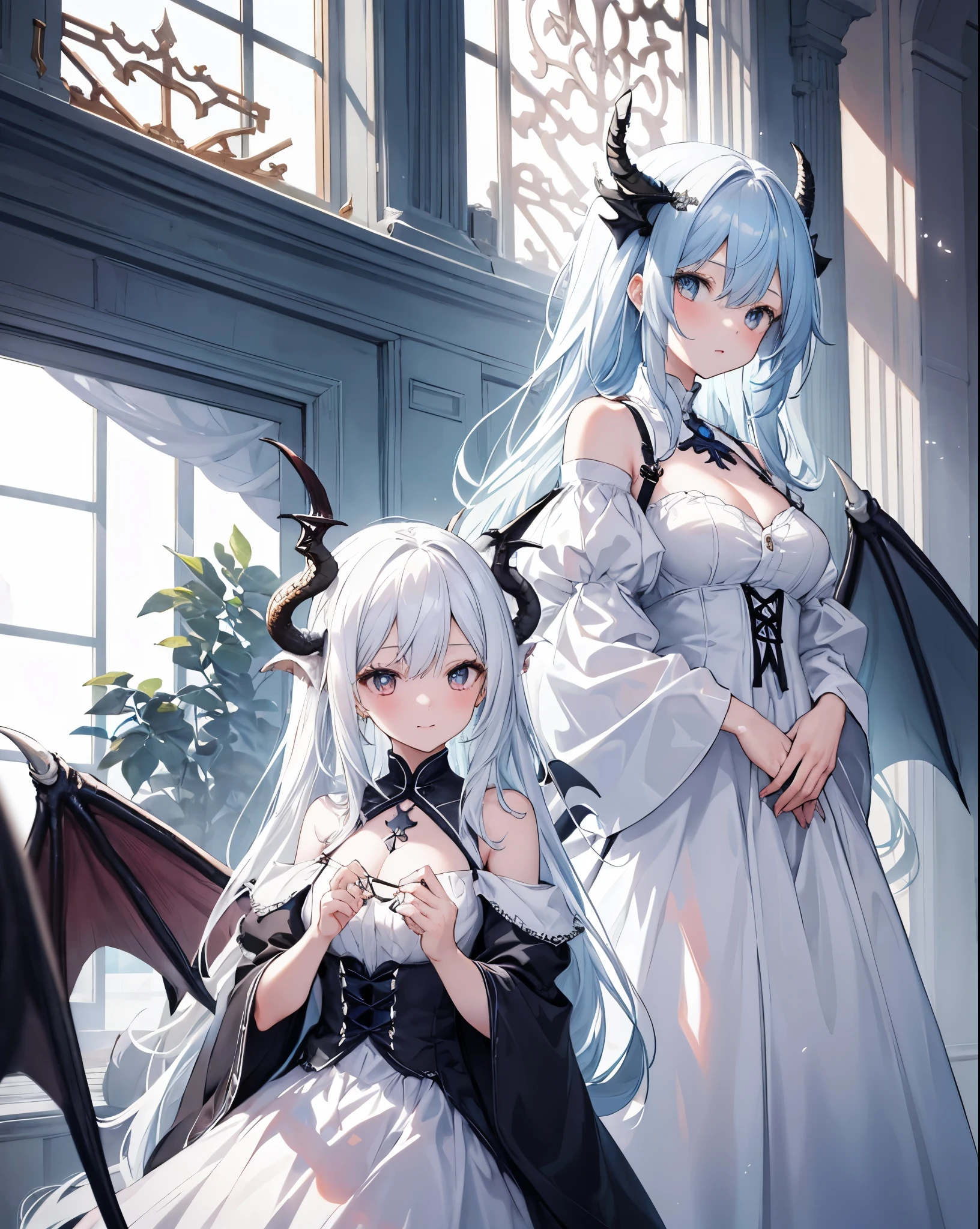 masterpiece,2 girls,alone,long hair,White hair，blue hair，dress,Off the shoulders:1.2, dragon horn，Dragon Wings