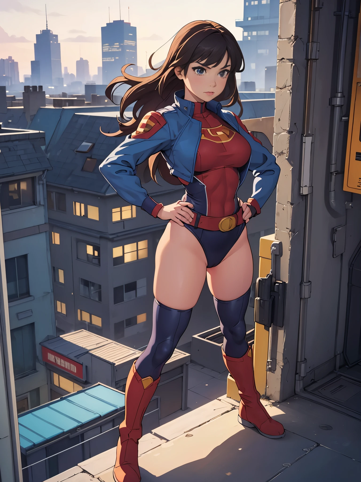 1girl, superhero, leotard, bare legs, boots, standing, solo focus, tight belt, hands on hip, full body shot, mature lady, city backdrop