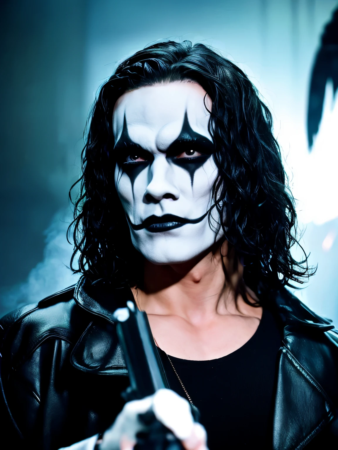 A cinematic poster of the character "The Crow". Close-Up Face. The character is in the middle of a dark street, with a bright green light shining on him. (( The Crow V.IT Face, White face with black makeup )), The background is black with smoke. Wearing a The Crow Costume. The character is wearing a black overcoat, jeans, and black boots. He has long black hair and wears black makeup. He is holding a pistol in his right hand. DETAILED FACE, intricaten. detailed pistol. Realism: The generated art should be realistic and highly detailed. Lighting: The lighting should be cinematic, with a bright green light shining on the character. Background: The background should be black with smoke.