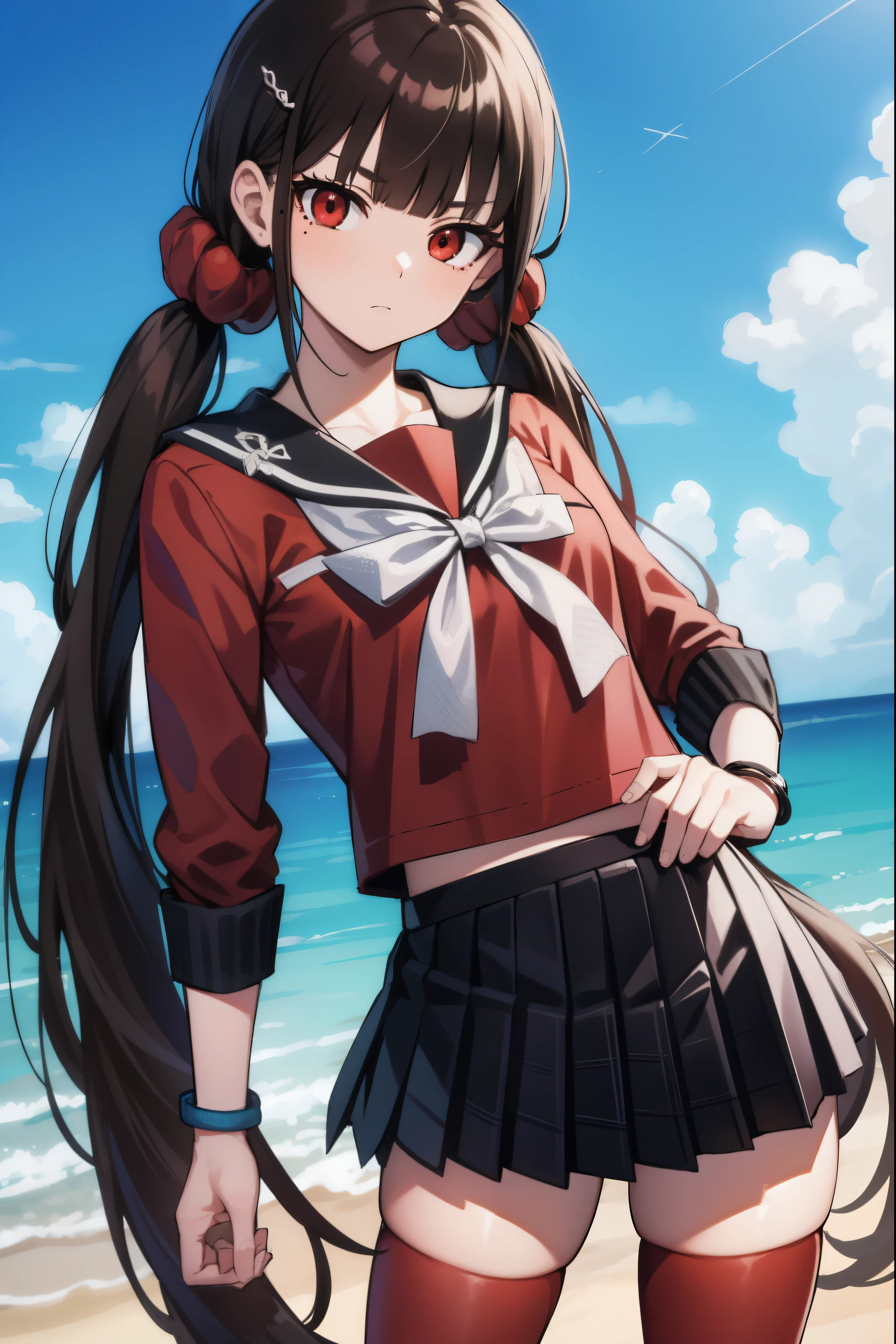 makiharukawa, harukawa maki, long hair, bangs, brown hair, black hair, hair ornament, (red eyes:1.5), twintails, very long hair, hairclip, blunt bangs, mole under eye, low twintails, scrunchie, hair scrunchie, red scrunchie, (small breast:1.2), BREAK skirt, shirt, thighhighs, long sleeves, bow, school uniform, pleated skirt, serafuku, miniskirt, black skirt, sailor collar, mole, bracelet, zettai ryouiki, plaid, plaid skirt, red shirt, black sailor collar, red thighhighs, BREAK looking at viewer, BREAK outside, beach, BREAK (masterpiece:1.2), best quality, high resolution, unity 8k wallpaper, (illustration:0.8), (beautiful detailed eyes:1.6), extremely detailed face, perfect lighting, extremely detailed CG, (perfect hands, perfect anatomy),