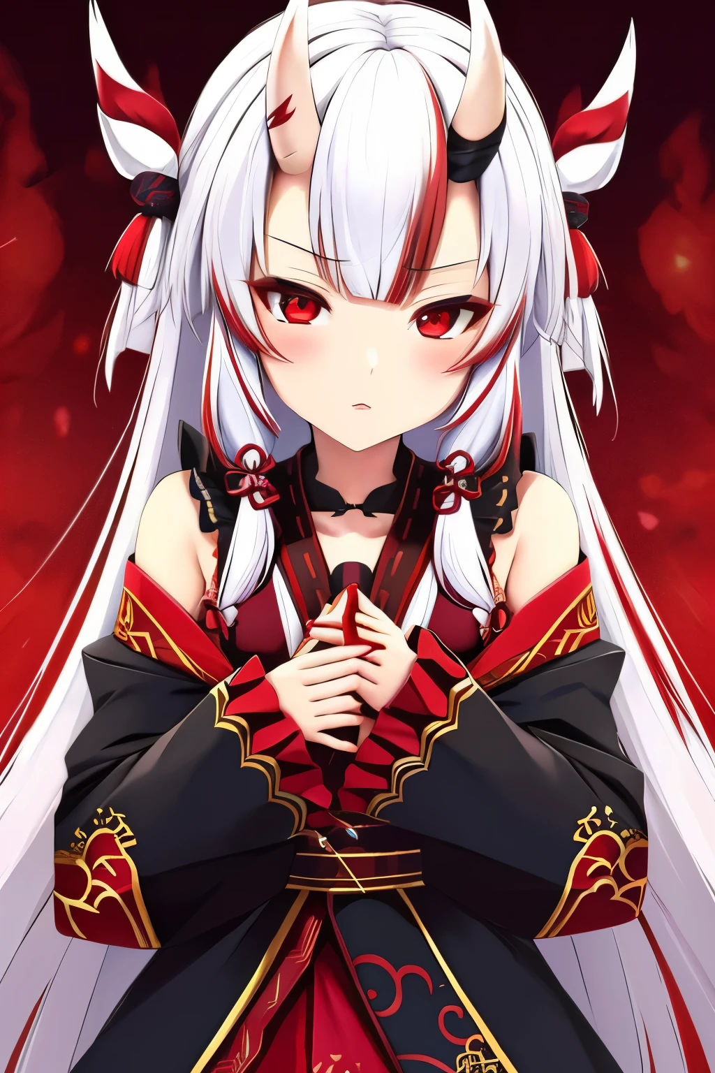 best quality, intricate details,

1girl, nakiri ayame, oni horns, multicolor hair, long hair, red eyes, white hair,