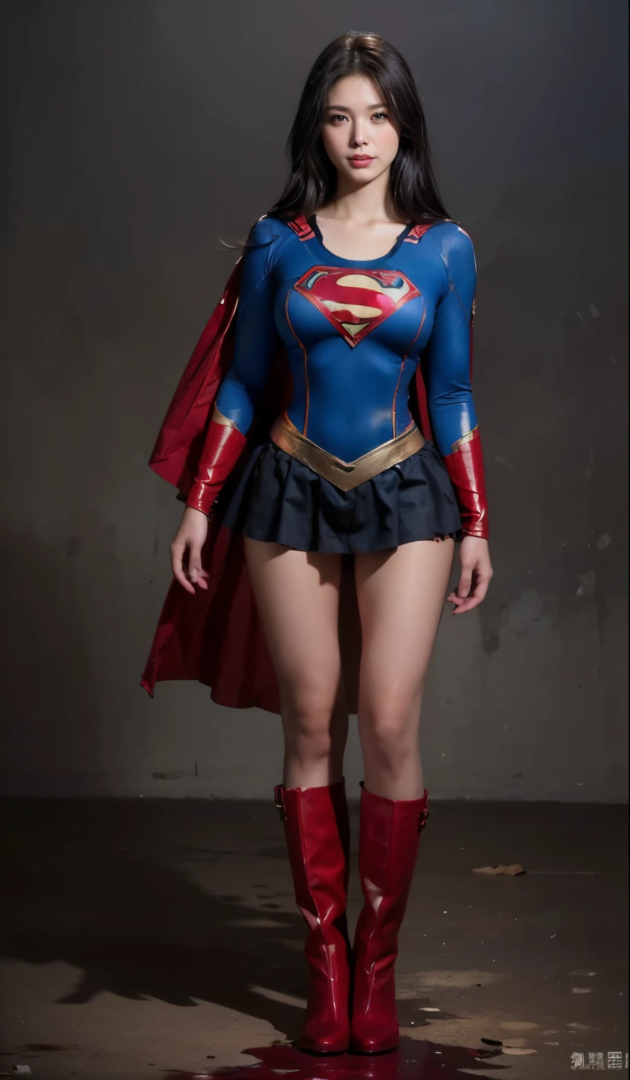 no background、(((Wear black tights on your beautiful legs.torn、Tattered、being destroyed)))、(((stretch your legs、tall、Legally express the beauty of your smile)))、((((Get the most out of your original images)))、(((supergirl costume、torn、Tattered、being destroyed)))、(((beautiful hair)))、(((I'm in pain)))、(((Legs must be worn with black tights)))、(((must wear red boots、being destroyed)))、((Highest image quality、8K))、((highest quality、8K、masterpiece:1.3))、(((keep background )))、clear focus:1.2、beautiful woman with perfect figure:1.4、Full of scars、bloody、full of blood、slender abs:1.2、wet body:1.5、Highly detailed face and skin texture、8K