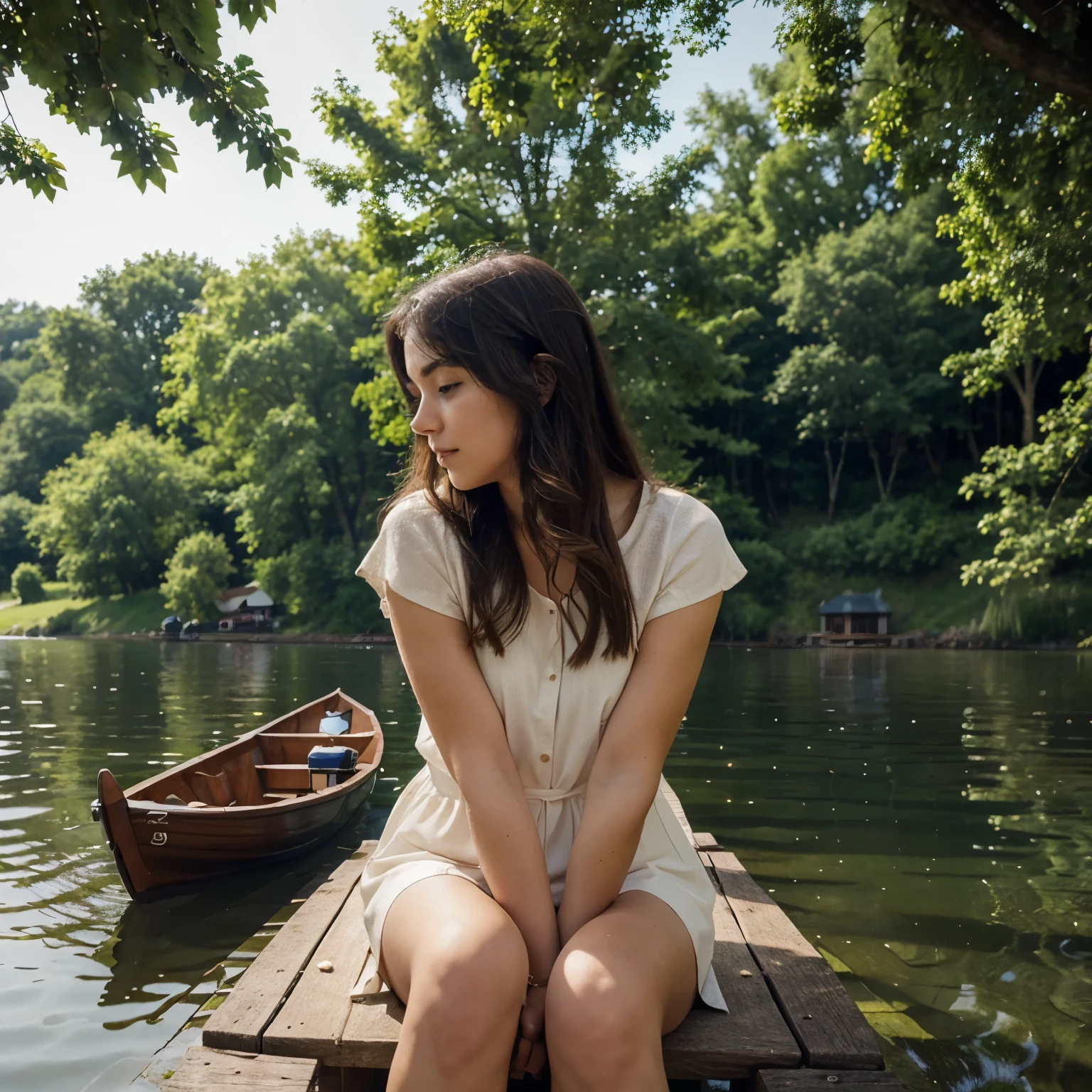 A beautiful woman sits by the lake，Hold your chin with both hands，Thinking，There is a small bridge on the lake，There are small wooden boats in the lake，There are trees next to the lake