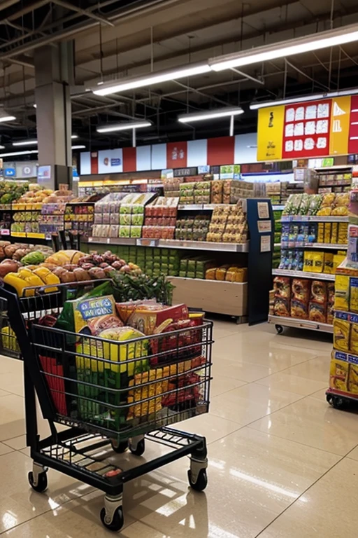 An aisle in a supermarket with a cart full of food on top of the market has a high-tech credit machine
